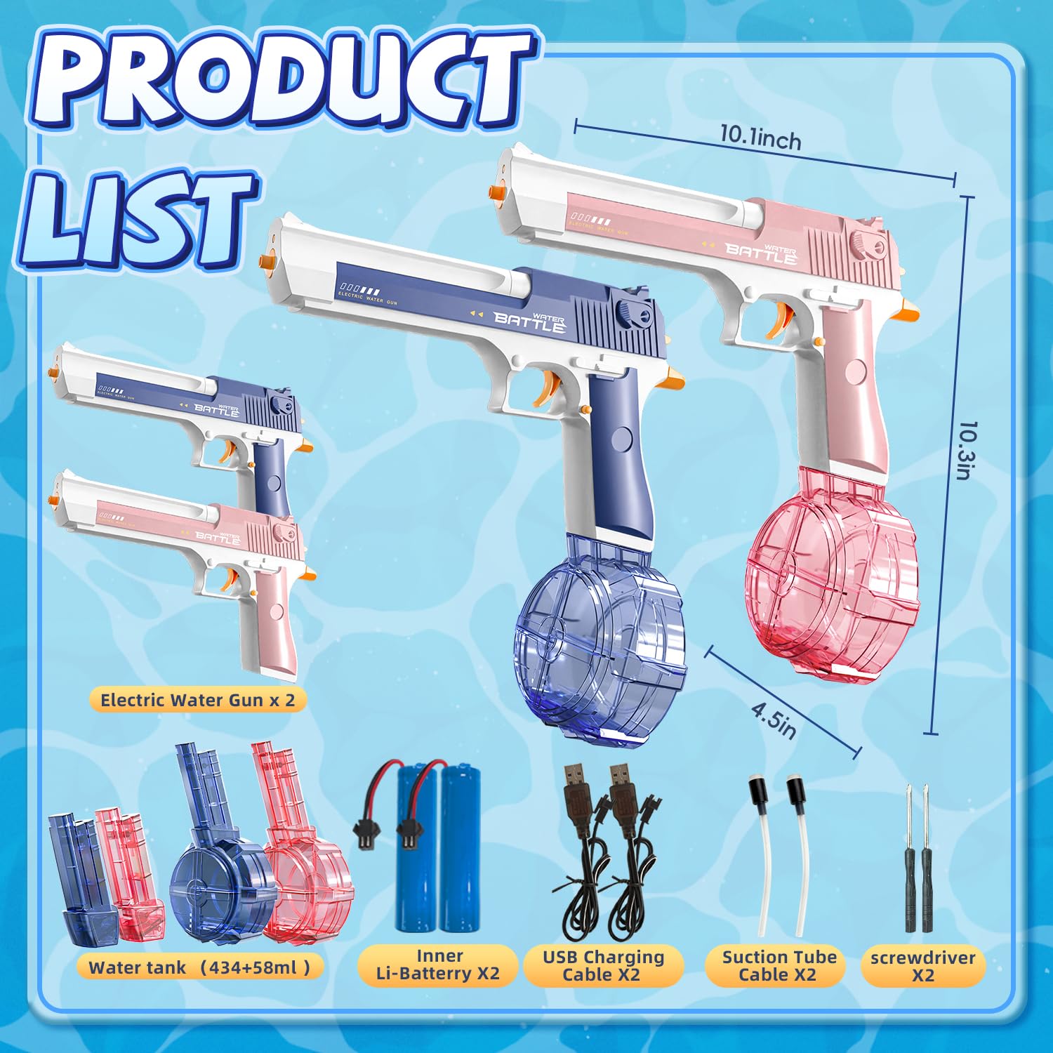 Pistolet à Eau Électrique 2 Pack, Pistolet à Eau Rechargeable avec LED, Capacité 434+58ml, Pistolet à Eau Puissant Automatique, Portée de 8-10M, Jouet d'Été pour Enfants et Adultes, Piscine, Plage