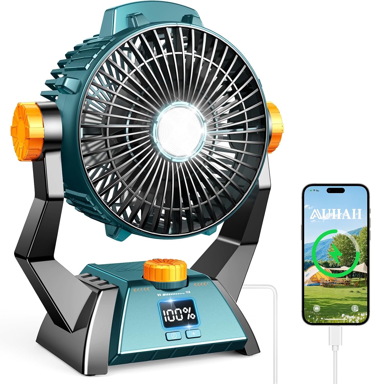 Camping Fan - Rechargeable Portable Battery Powered Camping Fans for Tents with LED Light, Power Display, Timers & 360° Hanging Hook, Ultra Quiet USB Personal Tent Fan for Fishing Travel Home Office