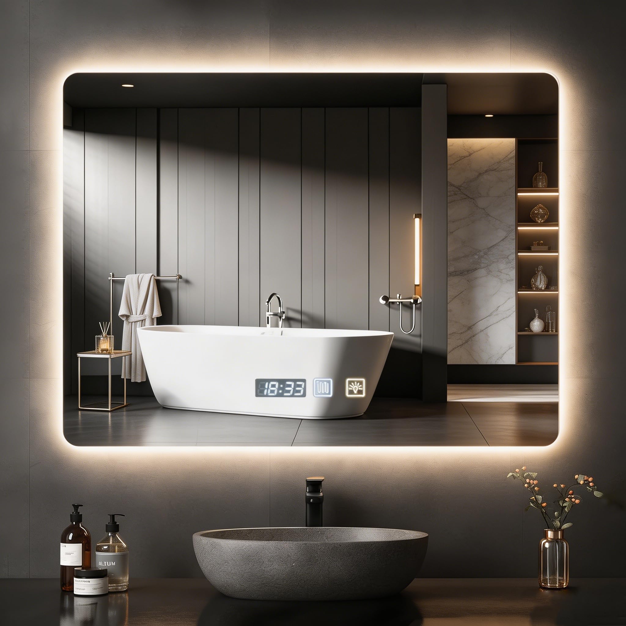 Specchio da bagno a LED 80 x 60 cm, 3 colori di illuminazione, regolabile, da parete, antiappannamento, con illuminazione a LED e controllo touch