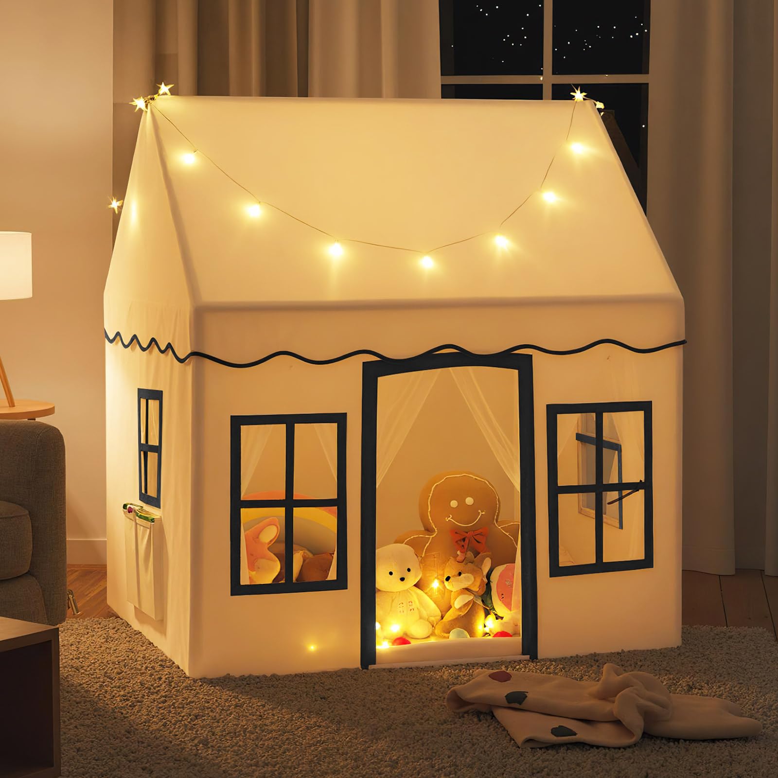 COSTWAY Tienda Campaña Infantil, Casa de Actividad para Niños con Luces de Estrellas, Alfombra Lavable Antideslizante, Cortina de Malla para Interior y Exterior, Tipi Infantil de Más de 3 Años (Beige)