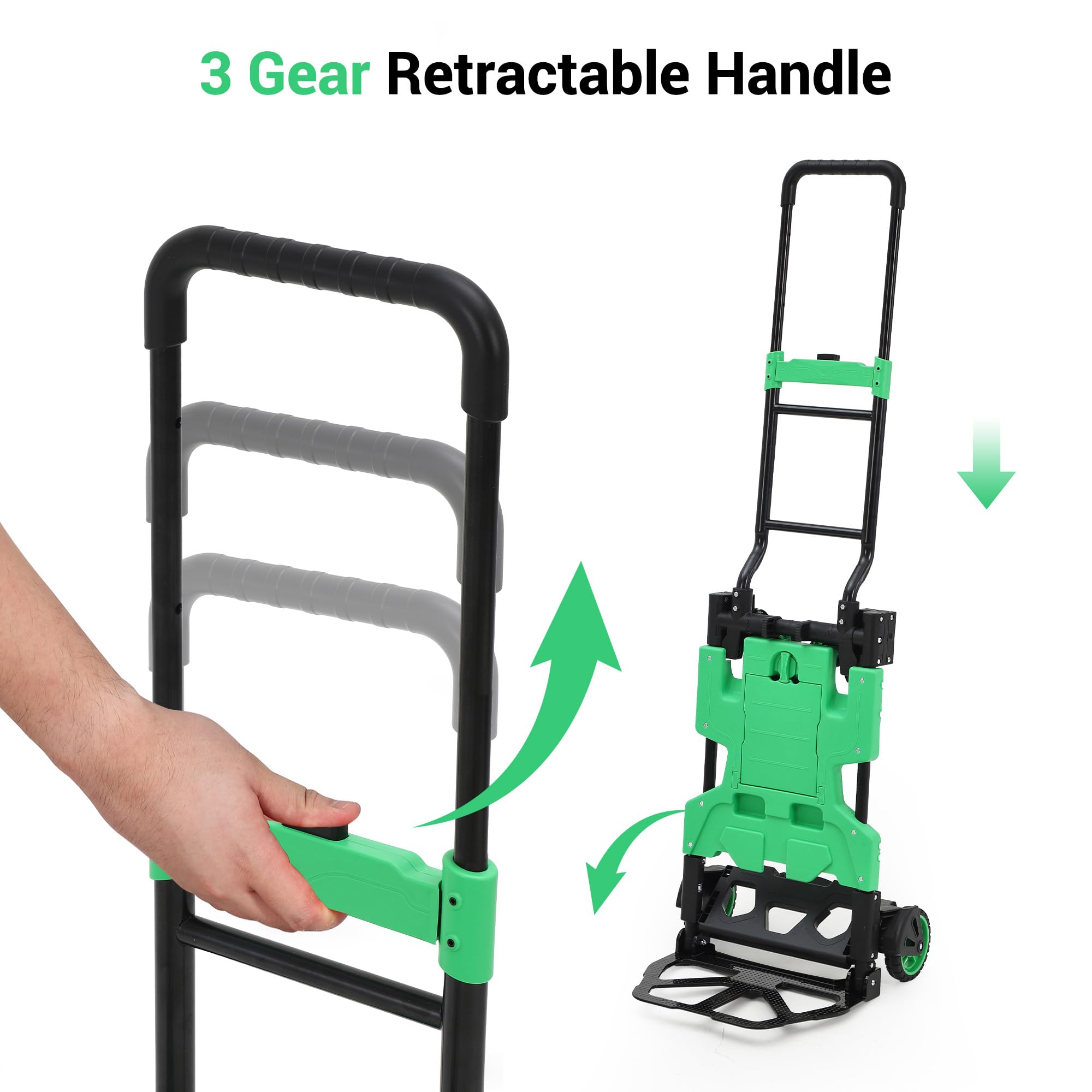 Garvee Carretilla de mano plegable 2 en 1, capacidad de carga de 150 kg con 2 cuerdas elásticas, carrito de plataforma de metal resistente con mango telescópico, carrito de mano portátil para almacén