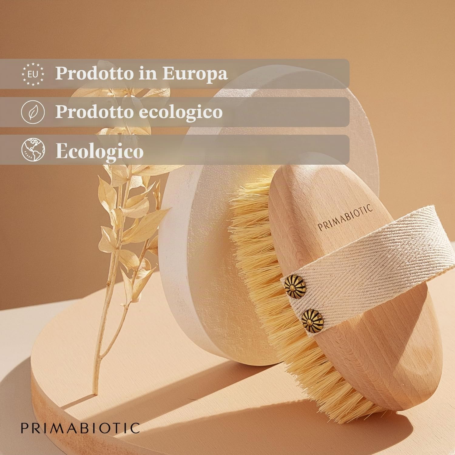 Spazzola per Massaggio Corpo - Primabiotic in Legno di Faggio e Fibre di Agave | Prodotto Ecologico con Custodia | Ideale per Spazzolatura a Secco e Cellulite