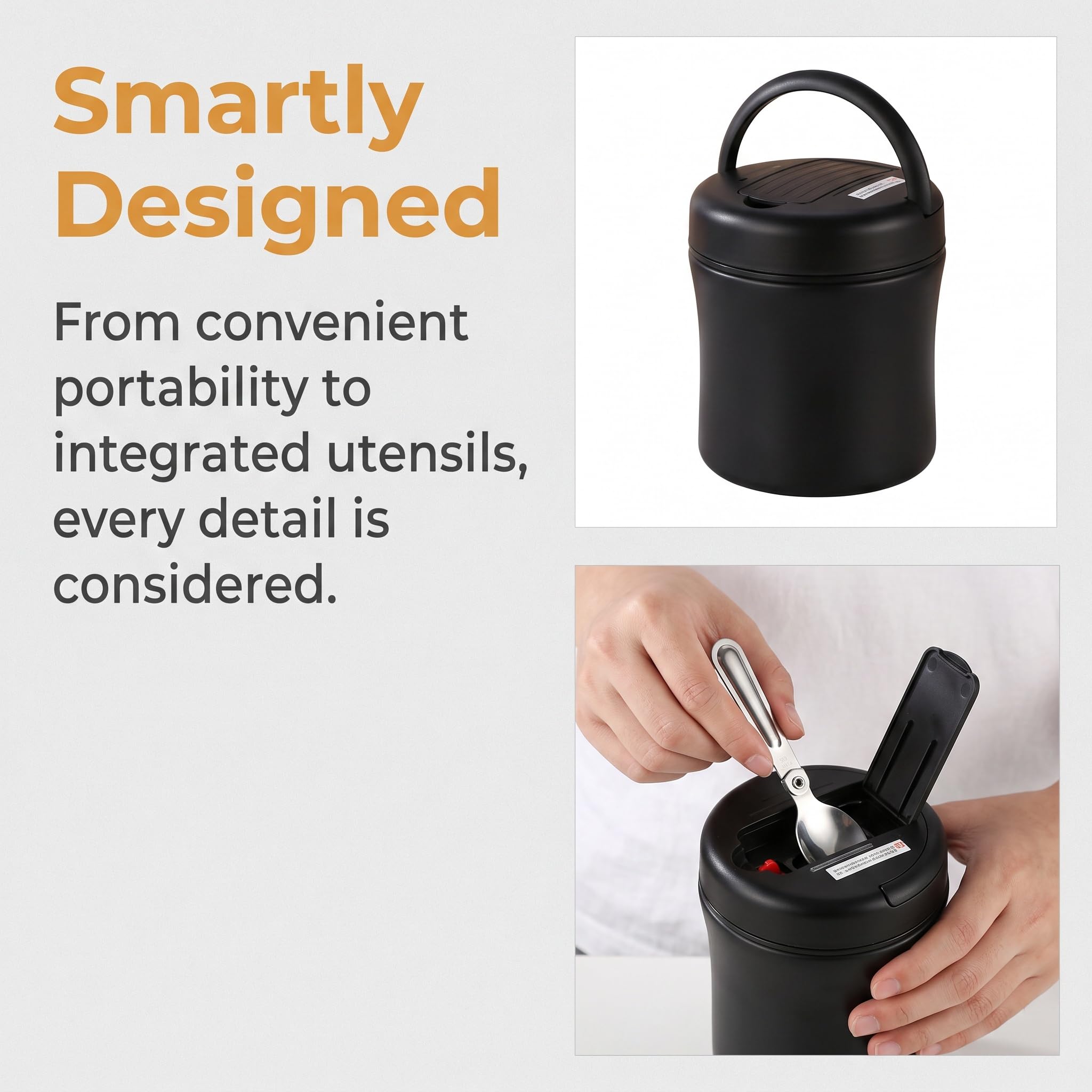 Vakuumisolierter Speisebehälter mit Klapplöffel，Weiß+Tasche：1.5L | 1,2/1,5-Liter-Thermoskanne, Lunchbox mit breiter Öffnung, auslaufsicheres Design für Büro, Camping und tägliche Mahlzeiten