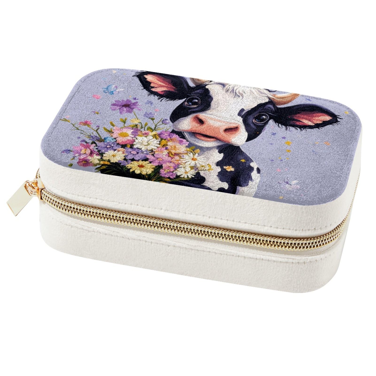 Cadeau de boîte à bijoux pour fille avec motif rigolo de fleurs et vache