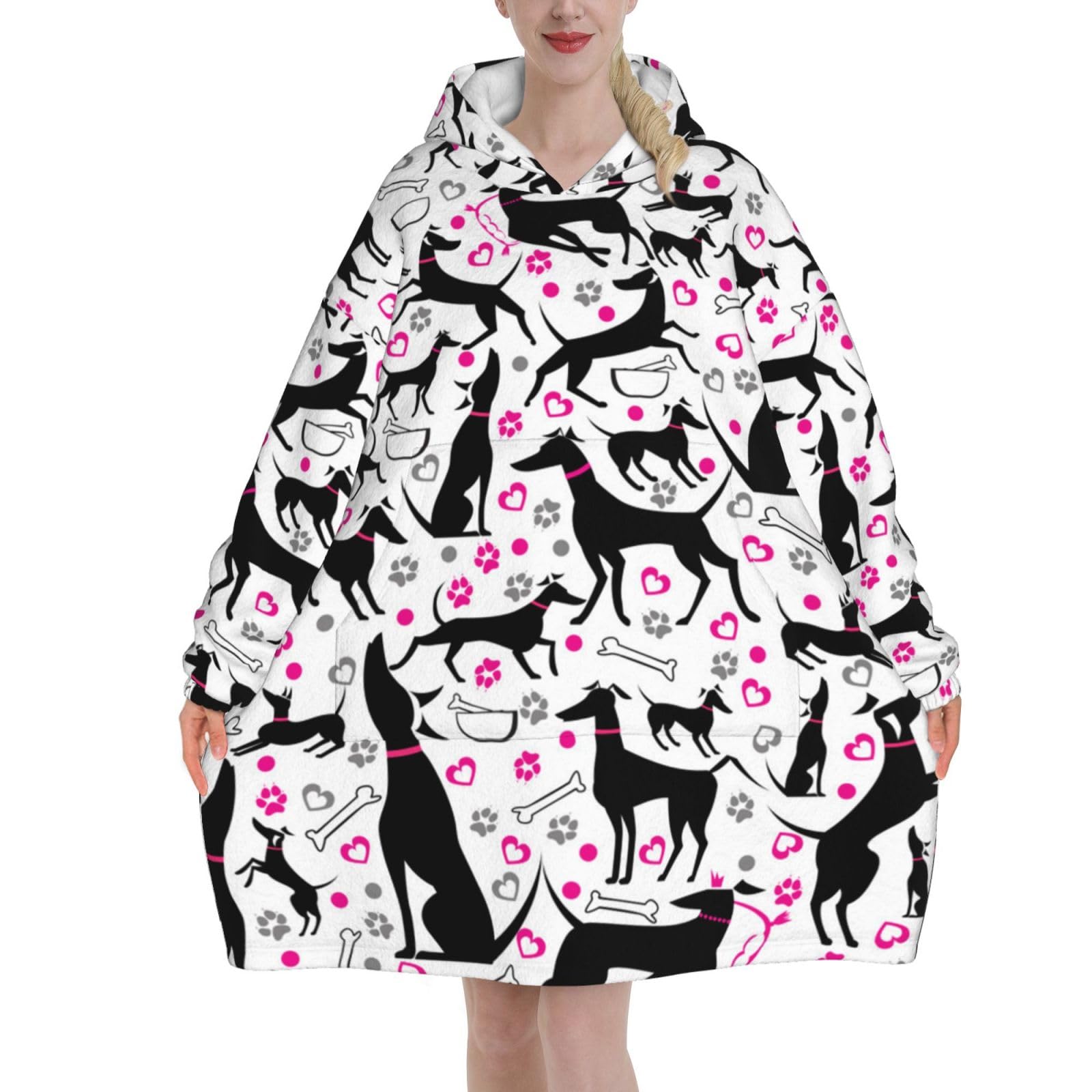 Greyhounds And Paw Heart,Women's Oversized Wearable Blanket Hoodie, Blanket Sweatshirt,Flannel Pullover Blanket
