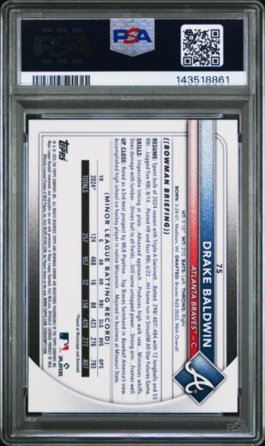 Graded 2025 Topps Bowman Chrome Mega Box Drake Baldwin #75 Rookie RC Baseball Card PSA 10 Gem Mint