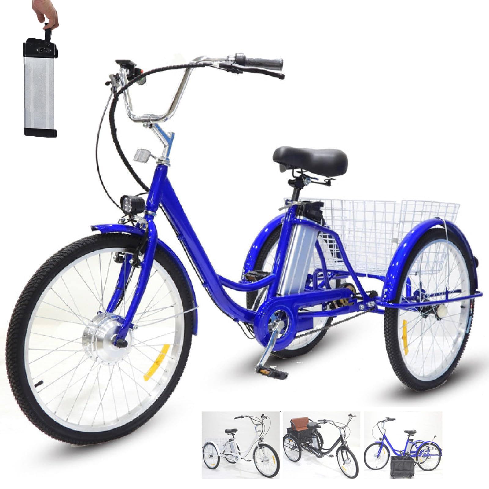 Triciclo elettrico per adulti con motore da 350 W, batteria rimovibile, portata massima di 150 kg, cestino e seggiolino per bambini, ideale per shopping e picnic.
