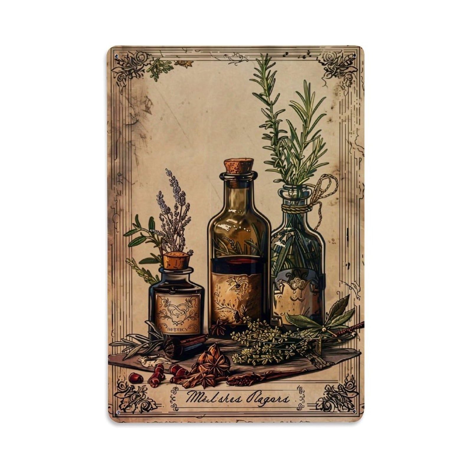 Jdfenggu Vintage Herbal Bottle Illustration Print Retro Metal Tin Sign, Metal Poster For Bar, Home, Man Cave, Kitchen, Laundry Room Art Decor 8X12 Inch