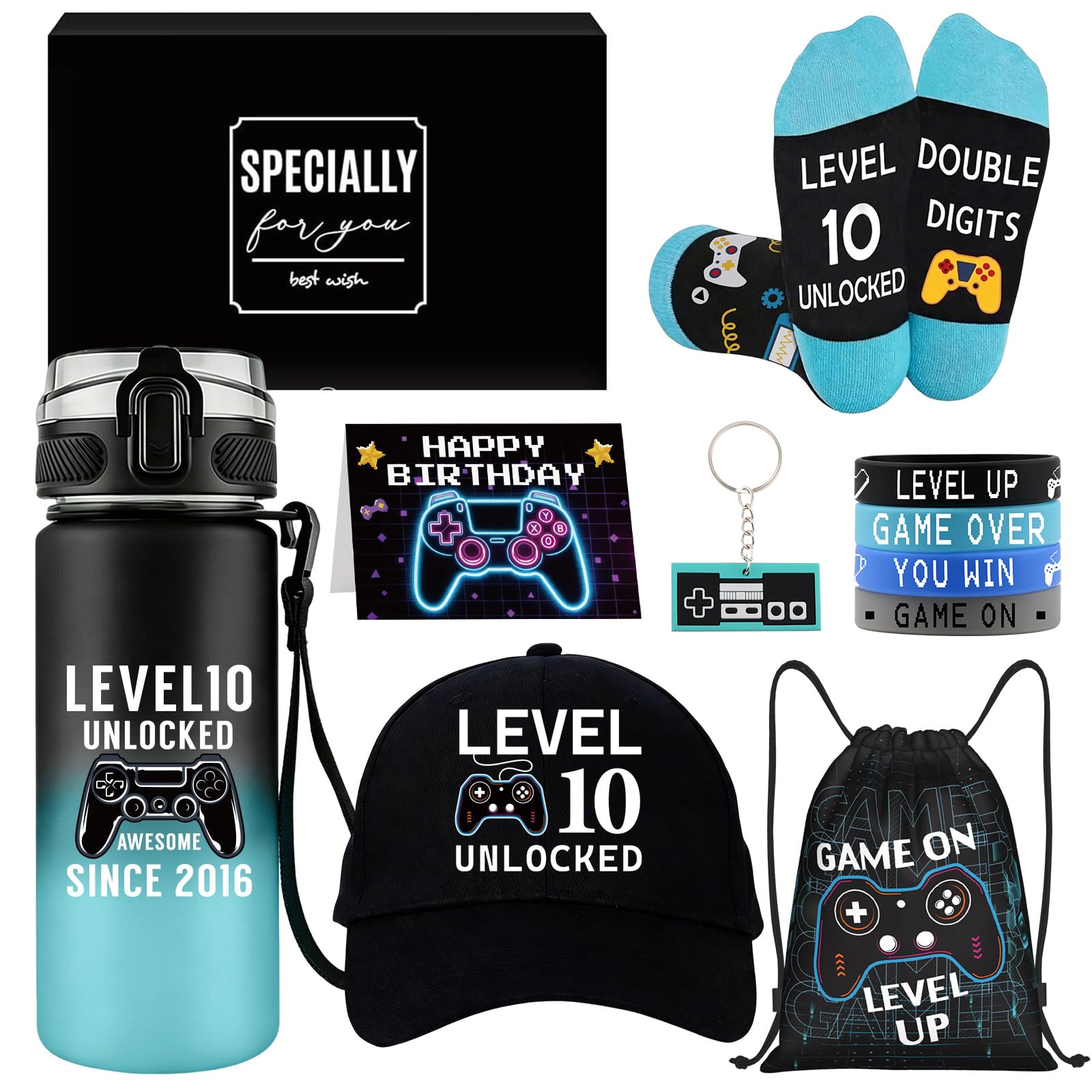 10 Year Old Gifts for Boys, Birthday Gifts for 10 Year Old Boys, 10th Birthday Game Gift Set with LEVEL 10 UNLOCKED Water Bottle Baseball Cap Socks Bag Keychain Wristbands for Boy Son Nephew Grandson