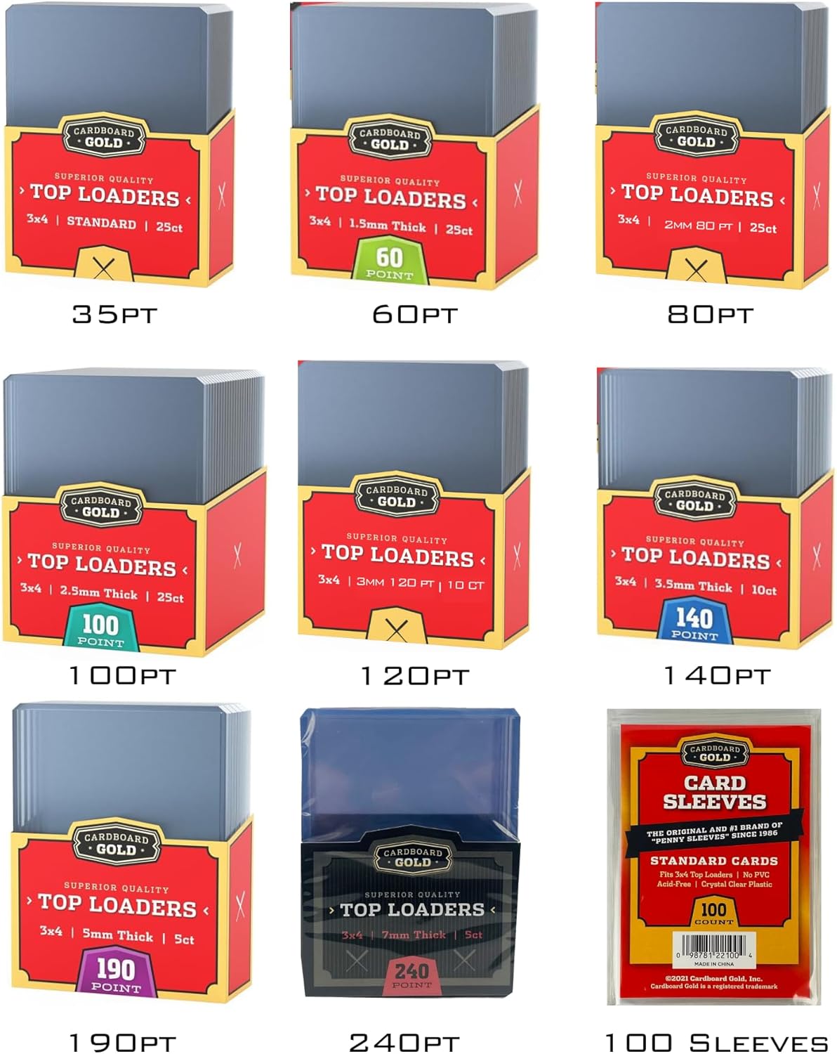 Cardboard Gold Top Loaders for Cards Variety Pack - 35/60/80/100/120/140/190 PT - Includes Penny Sleeves - 1 Pack of Each - Hard Plastic Card Protectors - Perfect for Collectors and Trading Cards