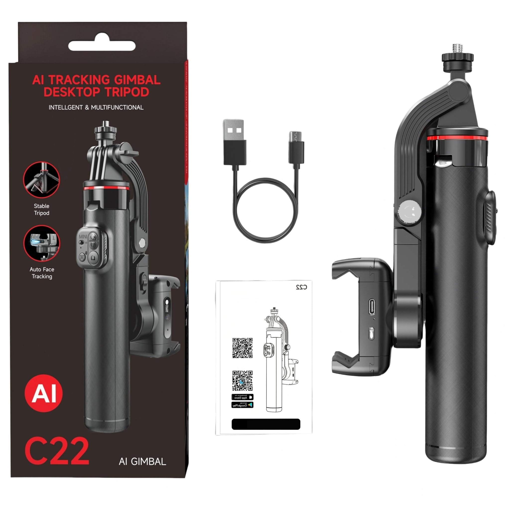 Soporte Estabilizador Gimbal Selfies con Seguimiento De IA, 360° Inteligente Tripode Plegable Portátil para Android Y iPhone, Youtube, Vlogging, TikTok con App (C22)