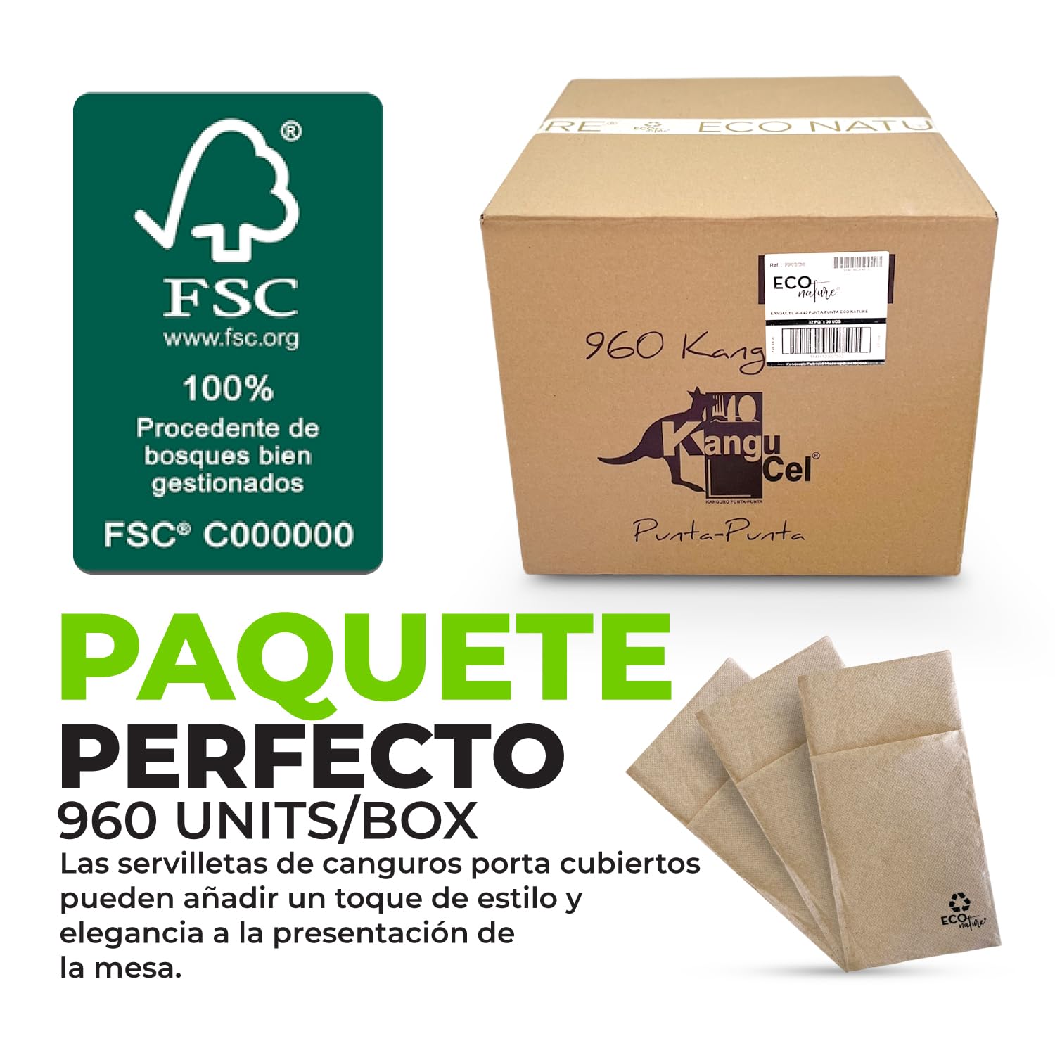 960 Pzs Canguro Servilletas de Papel 2 Capas 40x40 - Desechables para Bar Restaurante - Elegantes de Papel Reciclado para Fiestas y Eventos - 100% Celulosa (Eco Gourmet)