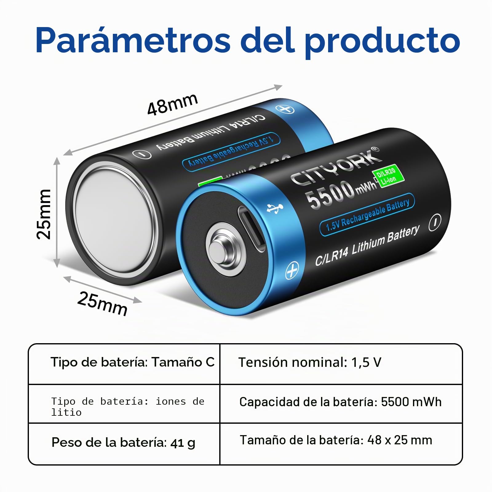 CITYORK Batería C Recargable USB de 1,5 V 5500 mWh (Paquete de 8), Baterías Baby C de Iones de Litio Recargables con USB-C, Carga Menos de 2 Horas, Más de 1000 Ciclos, con Cable de Carga Tipo C, Carga