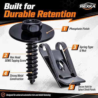 Rexka 20 Sets M4.2 Universal Fender Liner Engine Splash Shield Hex Head Screw & U Nut Kit for GM Chevy Ford Buick JeepChrysler - Multipurpose - Type A