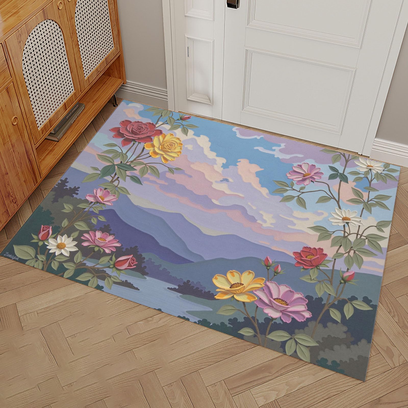 Paillasson roses montagnes nuages tapis entrée lavable douceur