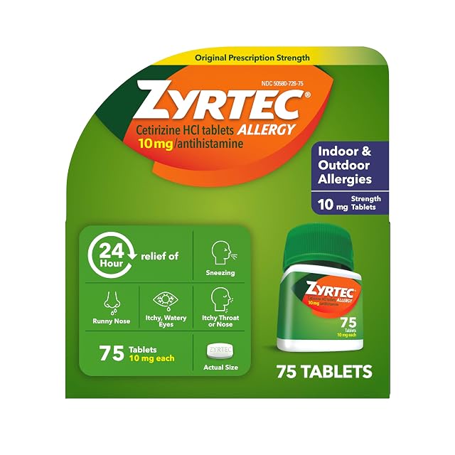 Zyrtec 24 Hour Allergy Medicine Tablets Indoor Outdoor Allergy Pills Non Drowsy Antihistamine 10 mg Cetirizine HCI Relief
