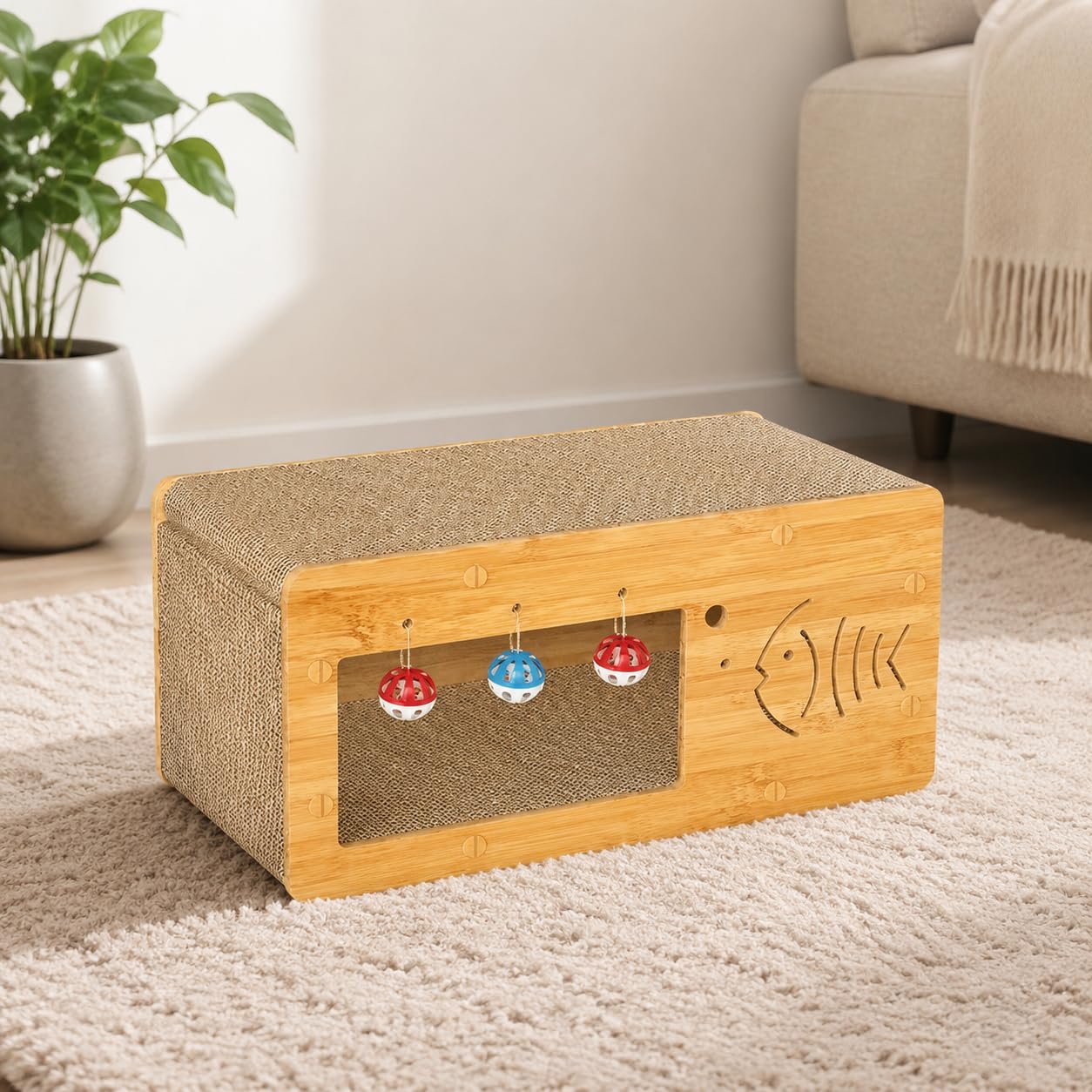 Kratzbaum mit Hausstruktur Robusten Kratzflächen Integriertem Katzenbett Und Dekorativen Öffnungen aus Wellpappe für, Einzelnes TV-Gerät, 55 x 28 x 26 cm