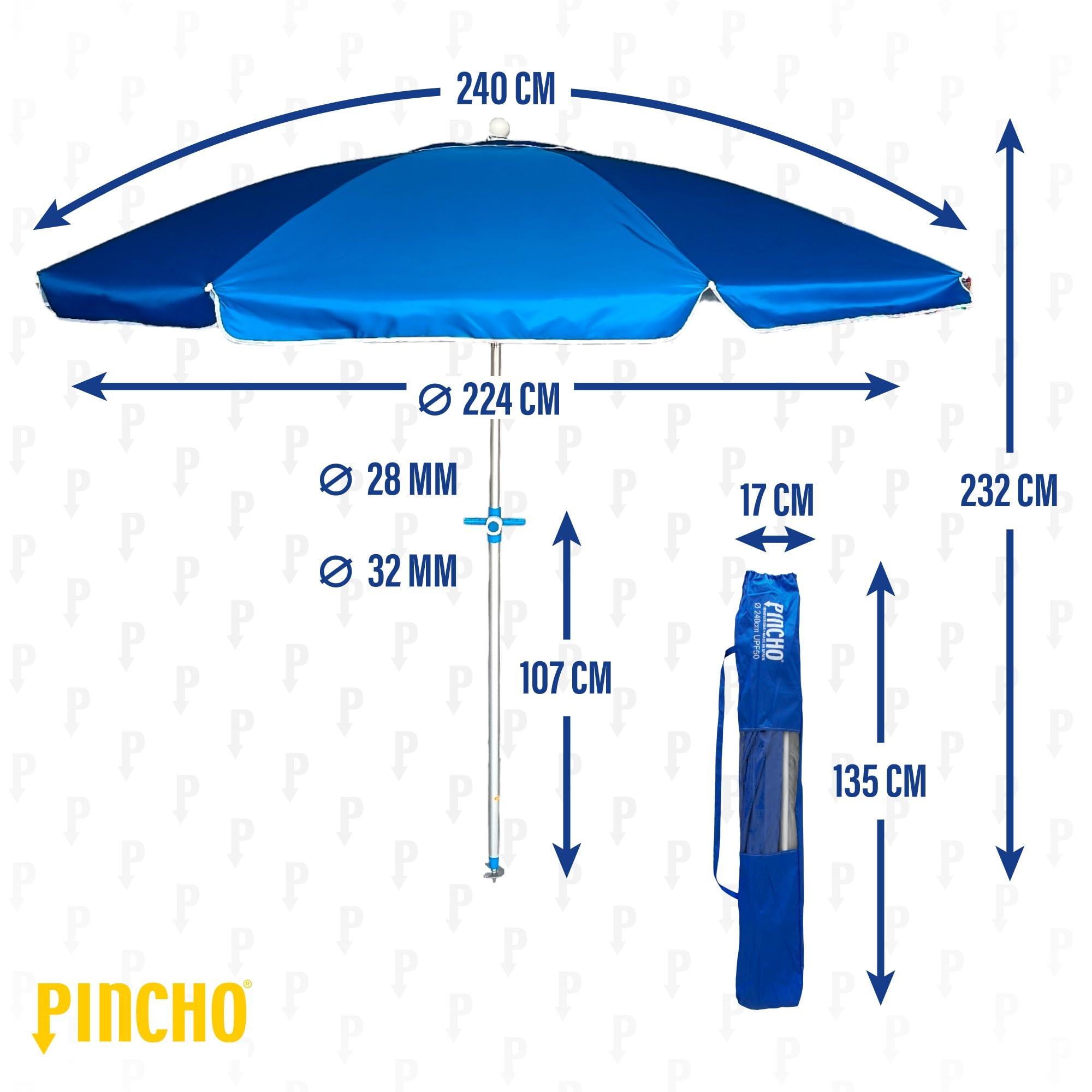 Pincho Ombrellone da Spiaggia Grande 240 cm, Ombrellone Mare Antivento 35 km/h, Protezione UV50, 8 Stecche Fibra di Vetro, Palo Inclinabile, Borsa e Picchetto Inclusi, Struttura Acciaio