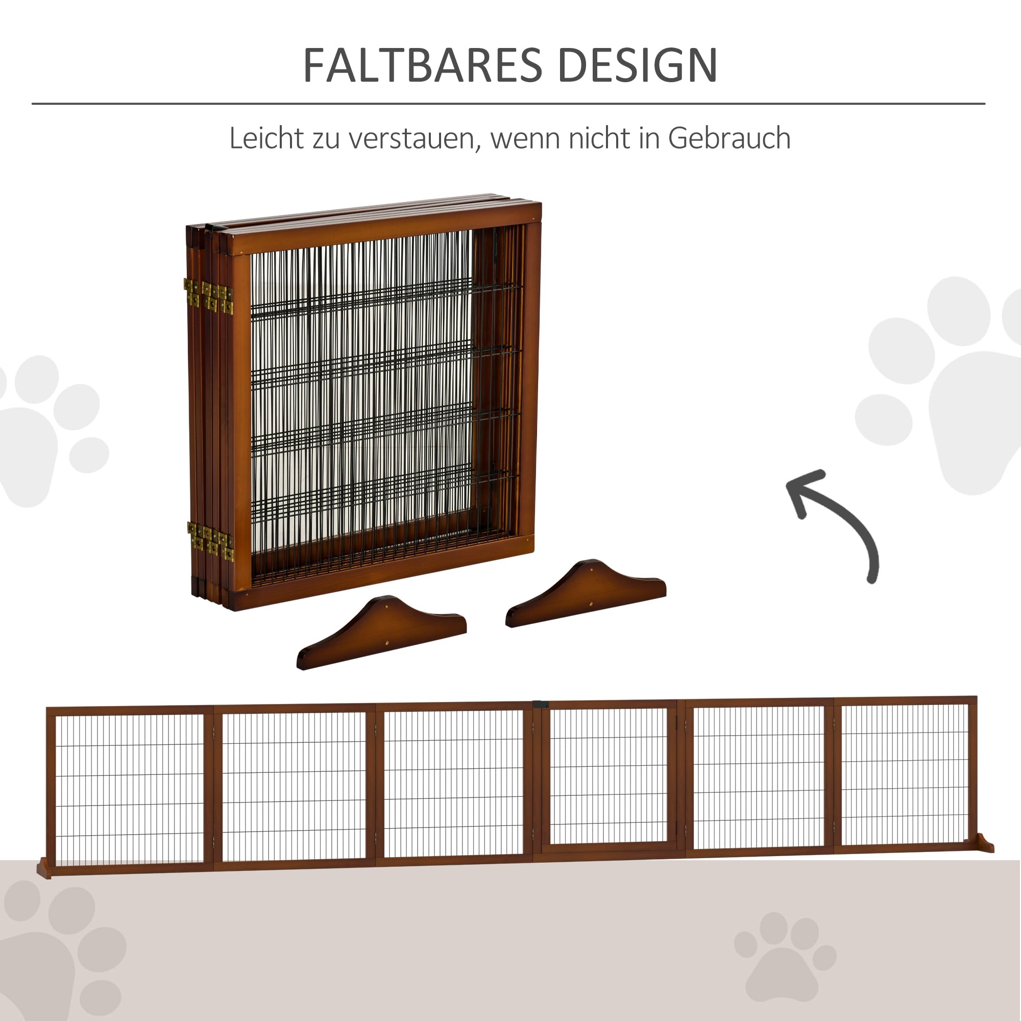 PawHut Barrera para Perros de 6 Piezas, 432 x 70 cm, Puerta de Seguridad Plegable con 2 Patas de Apoyo y Puerta Independiente para Pasillos y Escaleras
