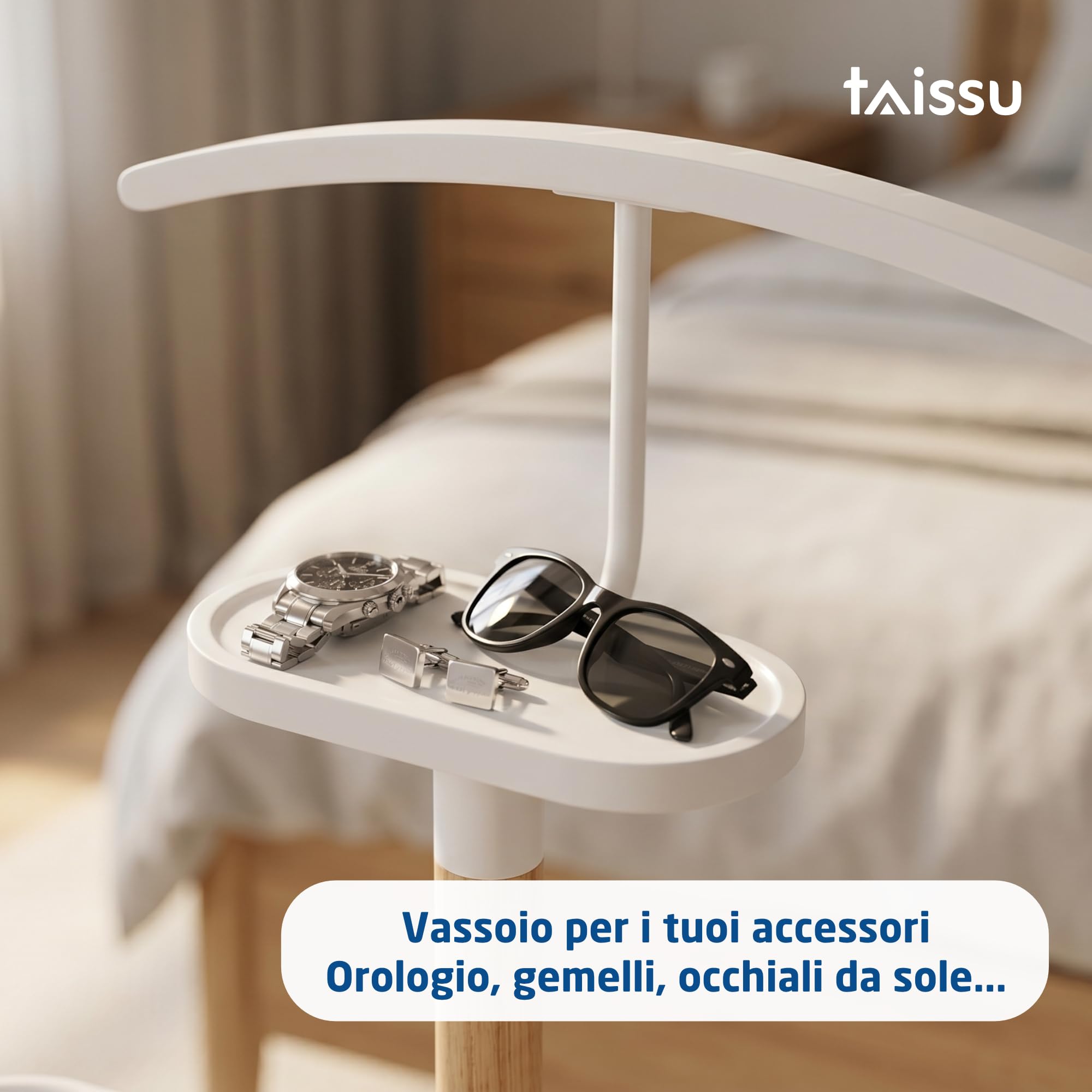 Servo Muto Mod. EIDE - Colore Bianco e Legno - Con Appendiabiti Superiore e Barra per Pantaloni - 47 x 29 x 111 cm - Acciaio e Legno - Appendiabiti per Camera da Letto