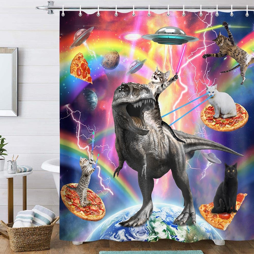 Torich Funny Cat Shower Curtain for Bathroom, Kids Cool Cat Riding Cute Dinosaur on Outer Space Universe Fantasy Galaxy Hilarious Shower Curtain Set,