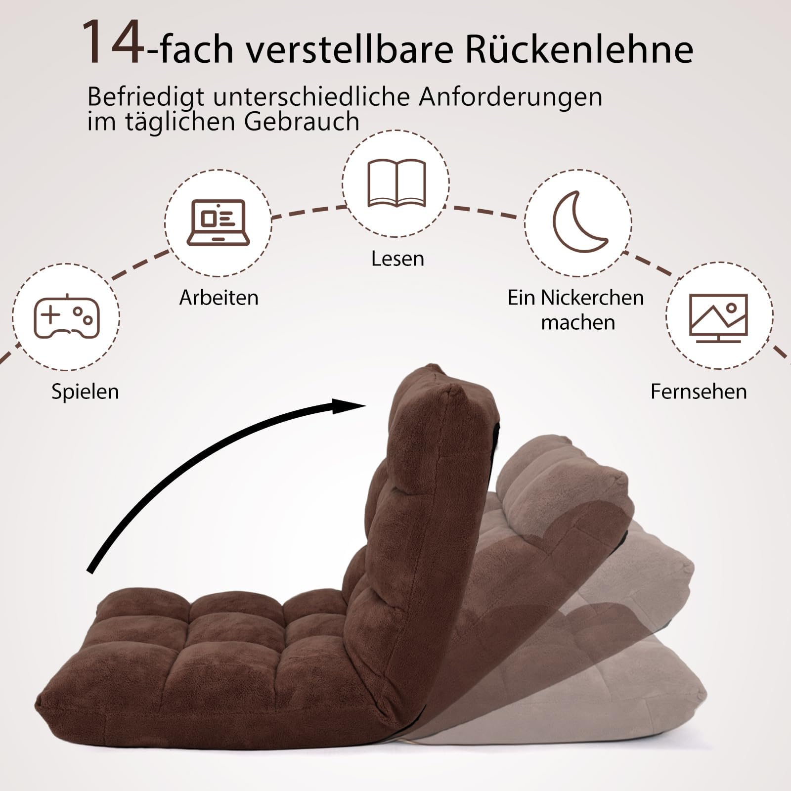 FANTASK Bodensessel mit Verstellbarer Rückenlehne, gepolstert, Thaikissen faltbar, Bodenkissen, Meditationsstuhl, Bodenstuhl, Relaxsessel für Yoga, Meditation & Freizeit (Braun)