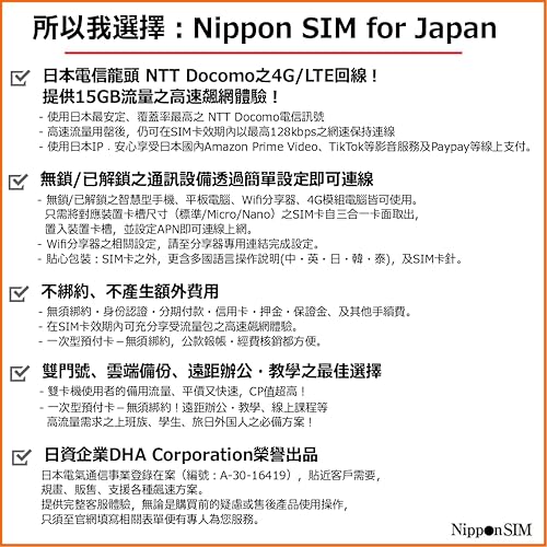Miniatura 6 de Nippon SIM para Japón 180 días 15GB 4G LTE de datos (sin voztexto) Tarjeta SIM 3 en 1  docomo Network  Soporte local de Japón  Sin activación sin
