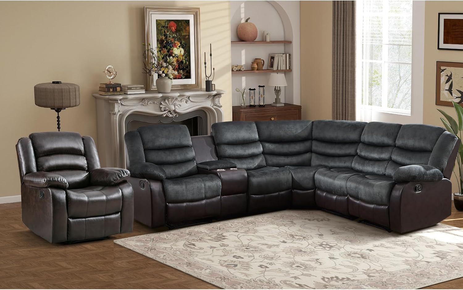 EBELLO Faux Leather Reclining Sectional Sofa Set, Included 1 Recliner Chair and L-Shaped Corner Manual Recliner Sofa with Overstuffed Armrests, 5-Seater Home Furniture Sofa for Living Room, Gray