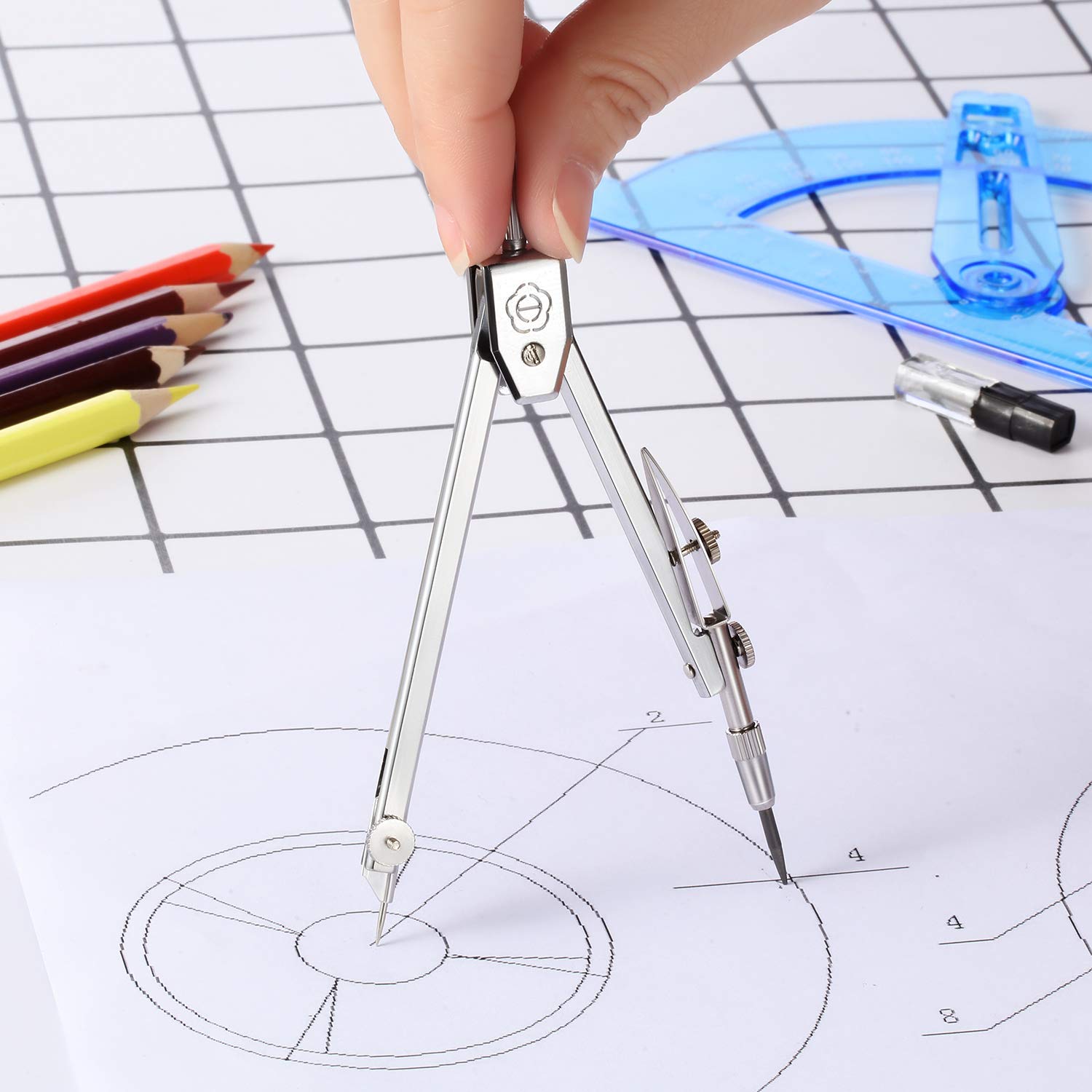 Student Geometry Math Set, Drawing Compass and 6 Inch Blue Swing Arm