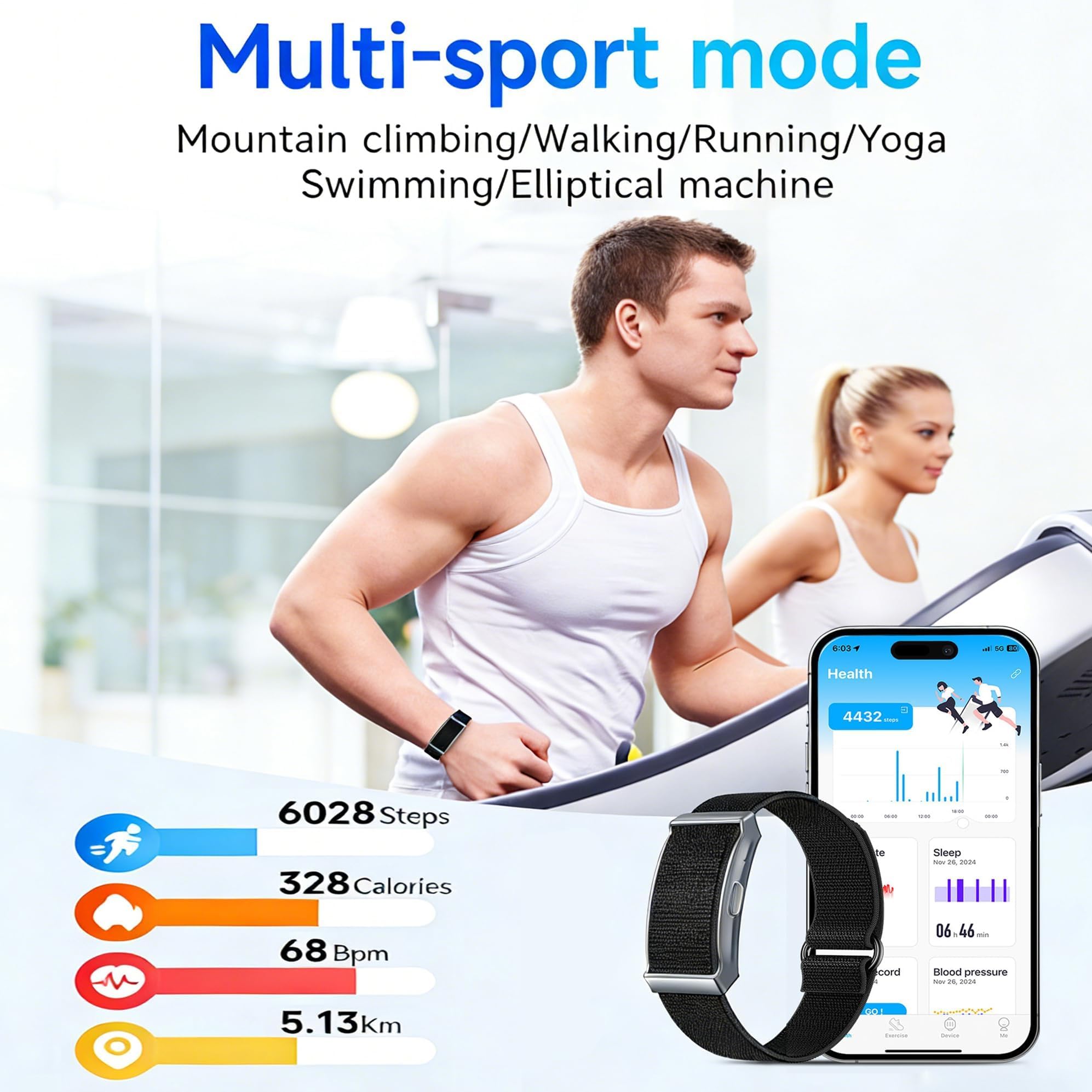 Braccialetto intelligente per la salute, fitness tracker, cardiofrequenzimetro, monitoraggio del sonno, contapassi, modalità multi sport, impermeabile, cinturino in silicone e nylon