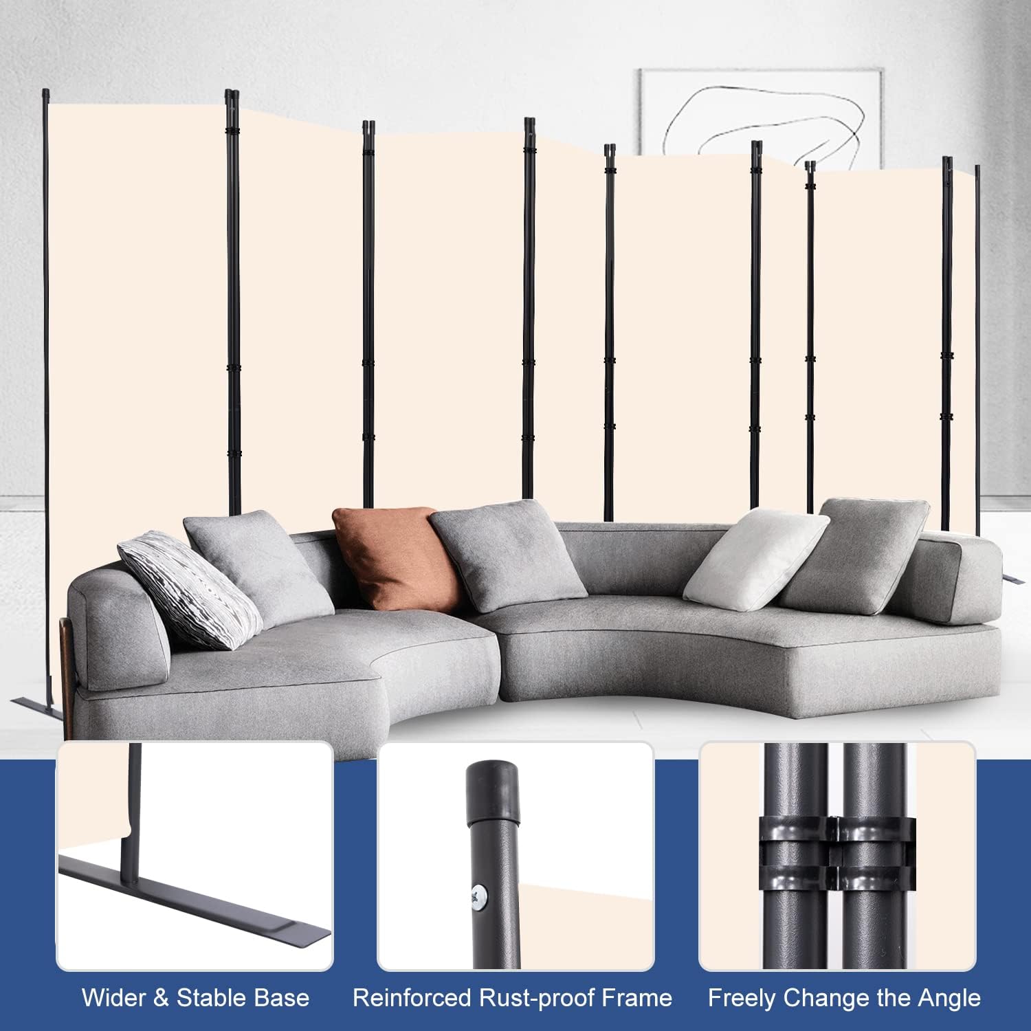 8 panel wide room divider wall screen for room separation,176''w x 71''h | anti-uv & non-see through fabric screen,flexible dual-way hinges,large freestanding room partition for bedroom,office indoor beige 8 panel-176''wide