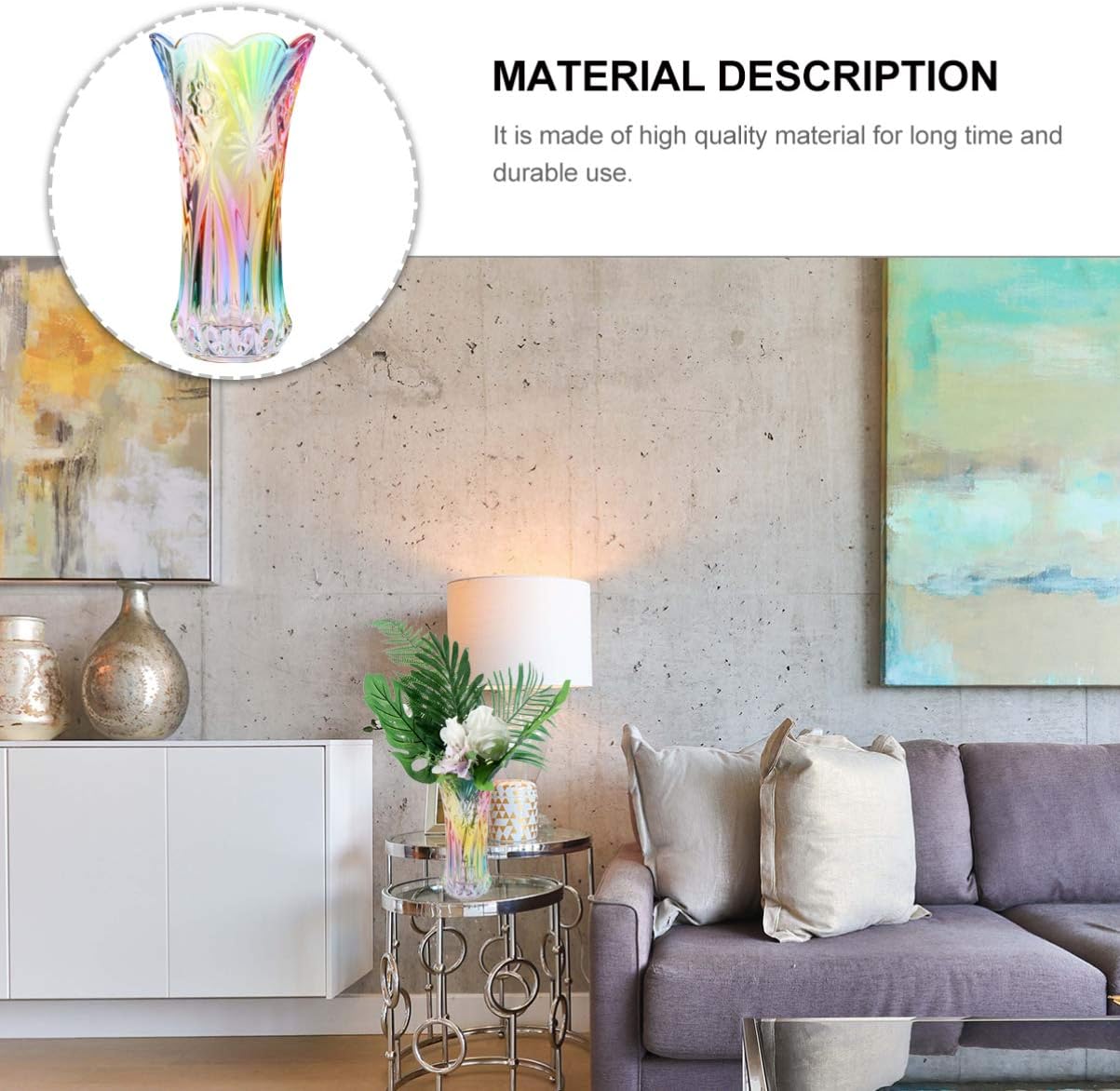 VOSAREA Rainbow Glass Vase Modern Plant Vase Decorative Table Desk Pot Holder for Home Office Indoor 24x12.5cm