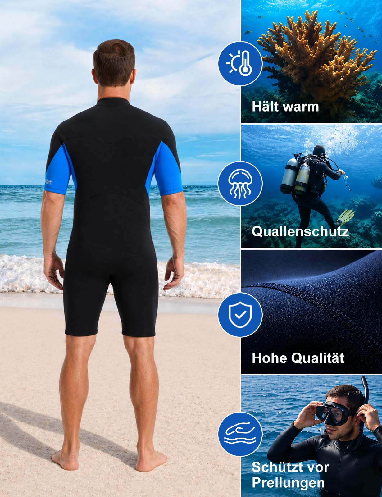 Herren 3mm Shorty & Ganzkörper-Neoprenanzug mit Frontreißverschluss | Hoch dehnbarer, wärmeisolierender Neoprenanzug für Herren und Damen, Geeignet für Tauchen, Surfen, Schwimmen und Schnorcheln