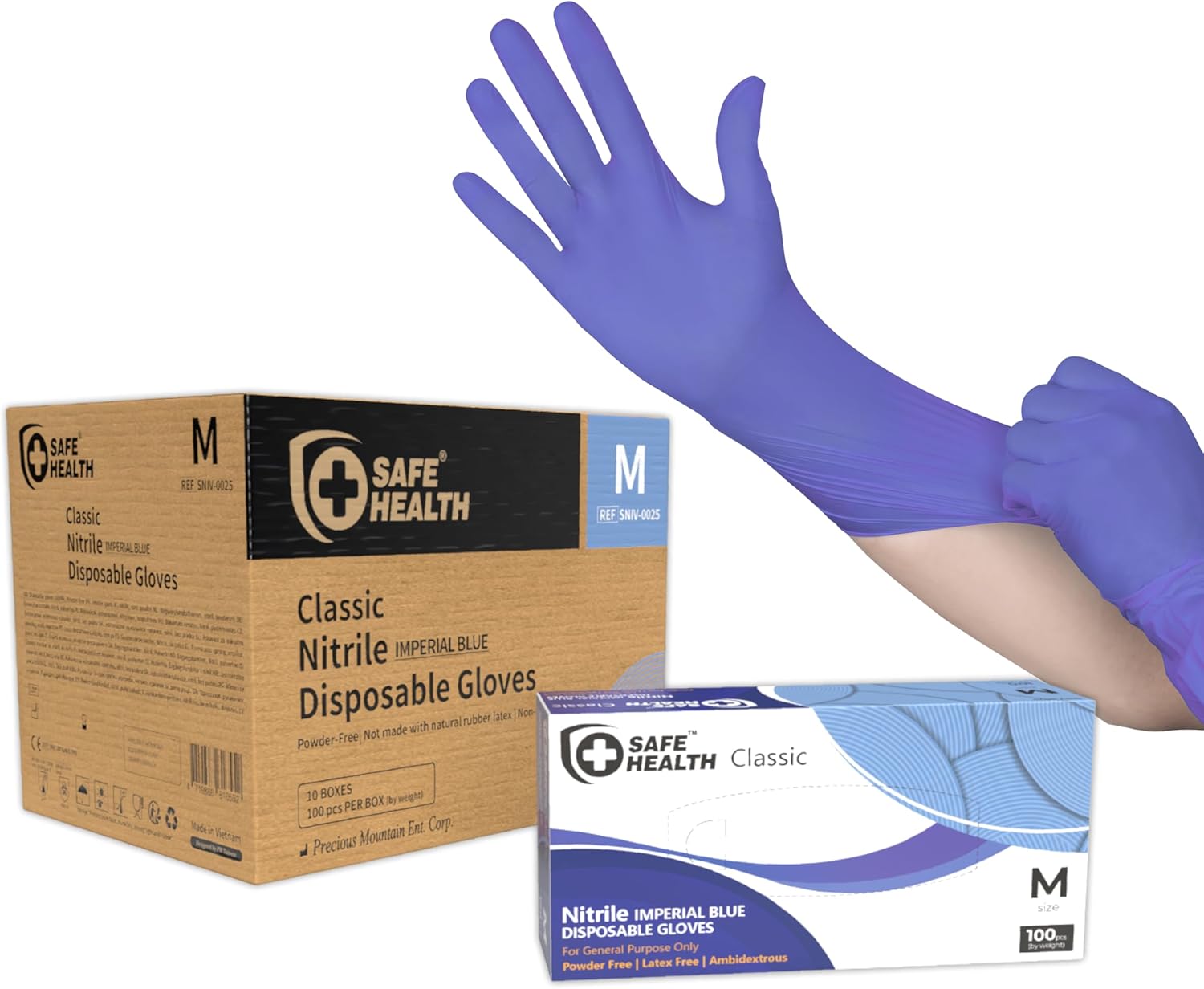 Safe Health Nitrile Disposable Gloves, 3.5 Mil, Imperial Blue, Powder Free, Latex Free, Tattoo, Beauty, Salon, Car