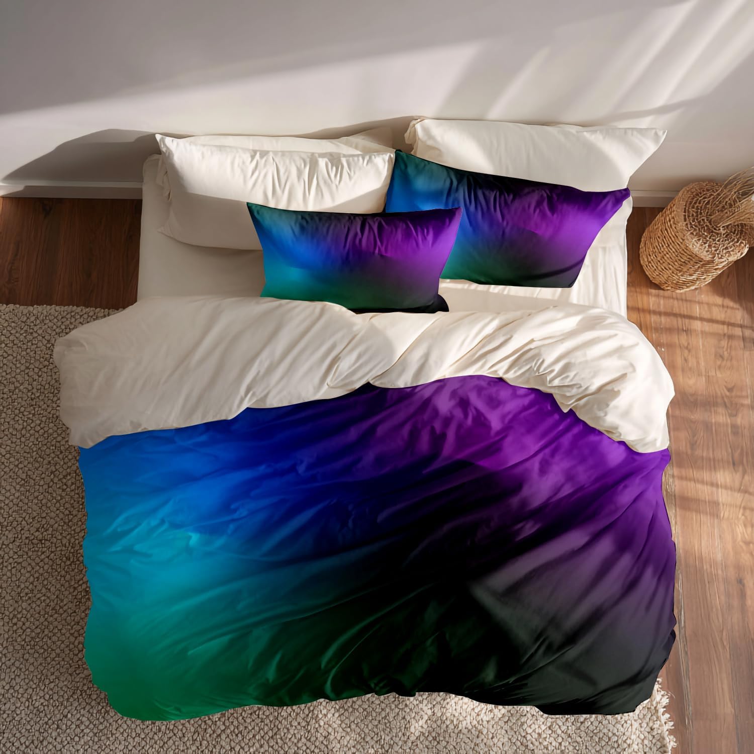 Purple Abstract Solid Color Duvet Cover Set King Size,3 Pieces Teal Blurry Purple Bedding Set Hotel Quality 100% Cotton Comforter Cover Set with 2 Pillowcases(No Filler)