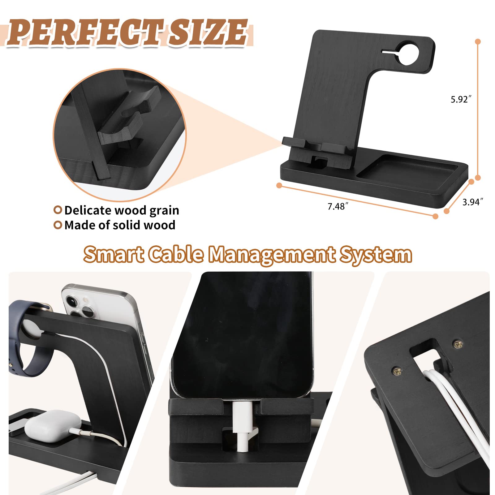 3 in 1 Charging Station, Wood Charger Stand for iPhone, iPad, Apple Watch, AirPods, Wood Phone Docking Station, Phone Charging Station Organizer, Charging Stand, Dad Gifts for Men (Black)