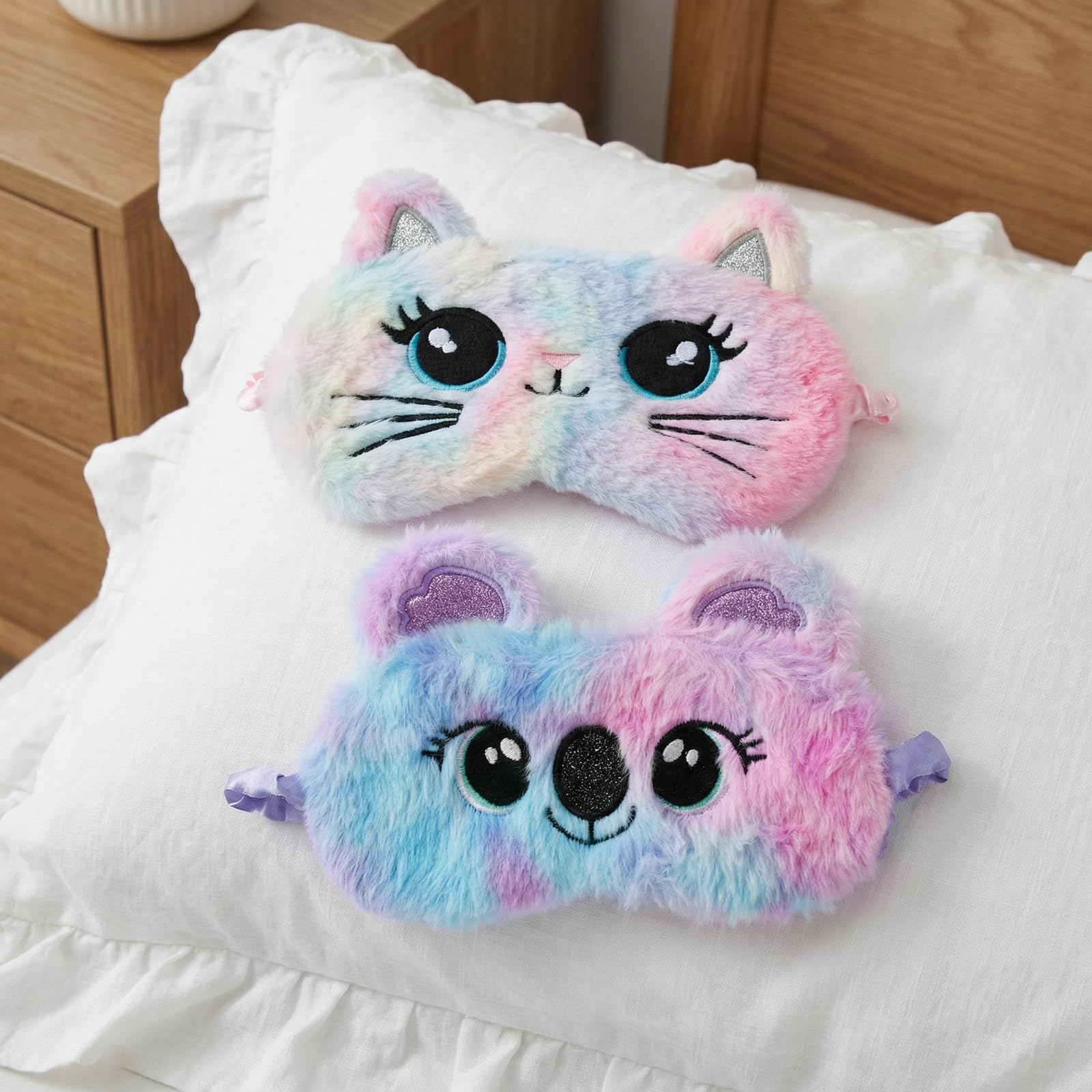 2 mascherine per dormire per bambini, graziose forme di animali, maschera per gli occhi in morbido peluche, adatta per ragazzi e ragazze, per viaggi, per dormire a pranzo e come accessorio per feste
