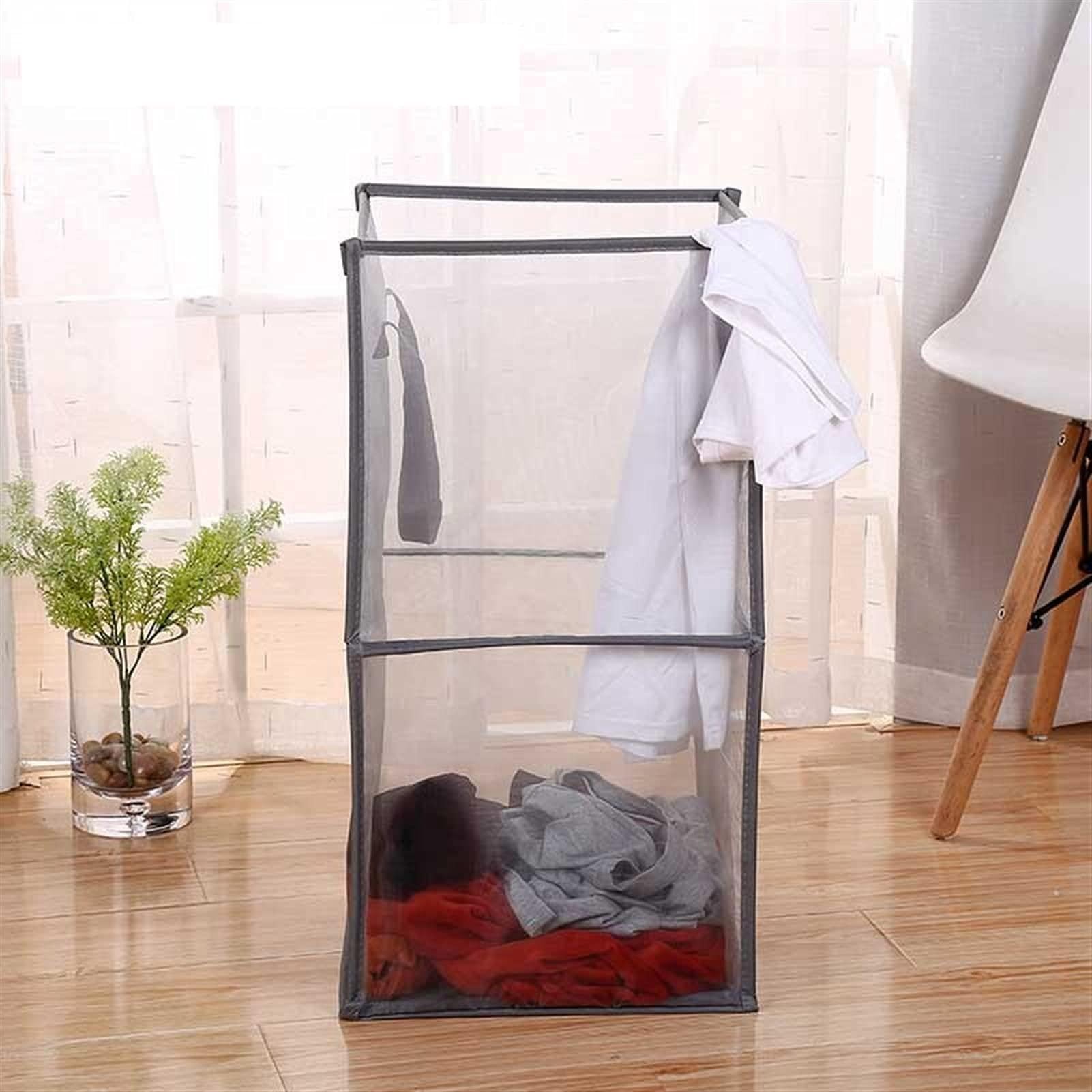 Panier à linge pliable gris en maille pour gagner de la place dans les petits espaces