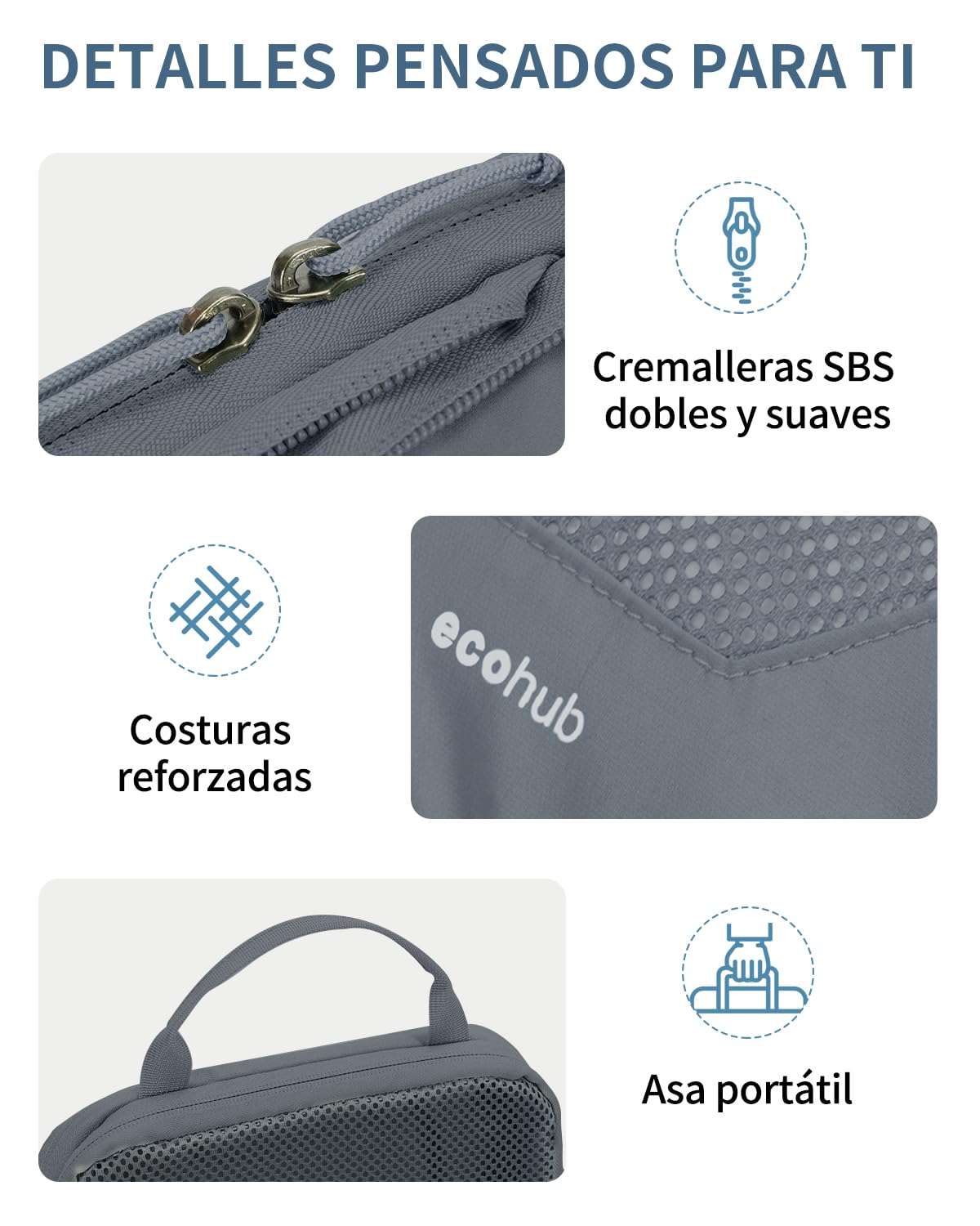 ECOHUB Compresión Organizadores para Maletas, 4 Piezas Bolsas de Viaje Recicladas para Mochila con Etiqueta, Organizador Resistente a Desgarros para Equipaje de Mano,Gris