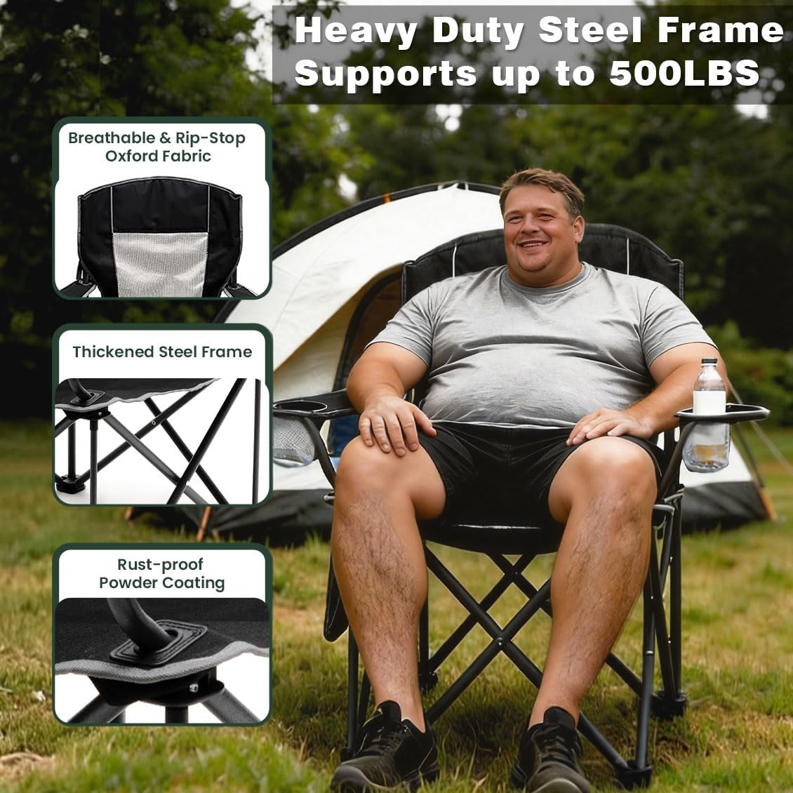 SUNNYFEEL Camping Chairs for Adults, Oversized Camping Chair Heavy Duty 500LBS, Portable Lawn Chair with Cup Holder, Side Pocket&Bag for Outdoor Camping/Beach/Picnic/Fishing, Black