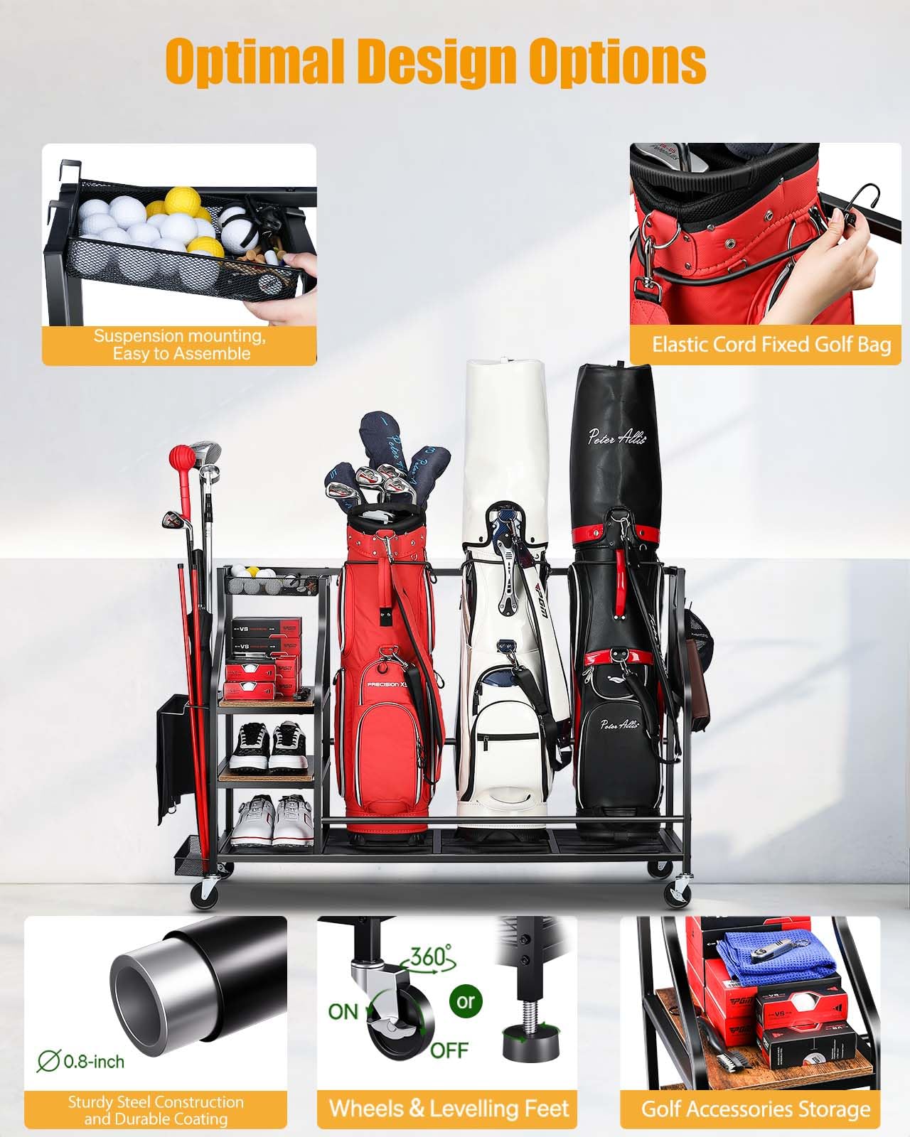 EXTCCT Organiseur de sacs de golf - Support de sac de golf pour accessoires de golf, sac de golf avec roulettes, clubs de golf, organiseurs d'équipements de golf