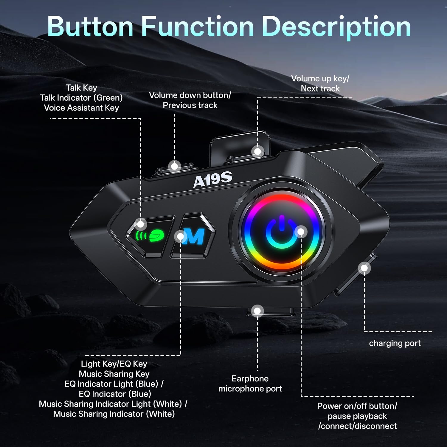 Altoparlanti per casco da moto, condivisione di musica, doppia cancellazione del rumore, cuffie con bassi forti, altoparlanti impermeabili IPX6, compatibili con tutti i caschi, 1200 mAh