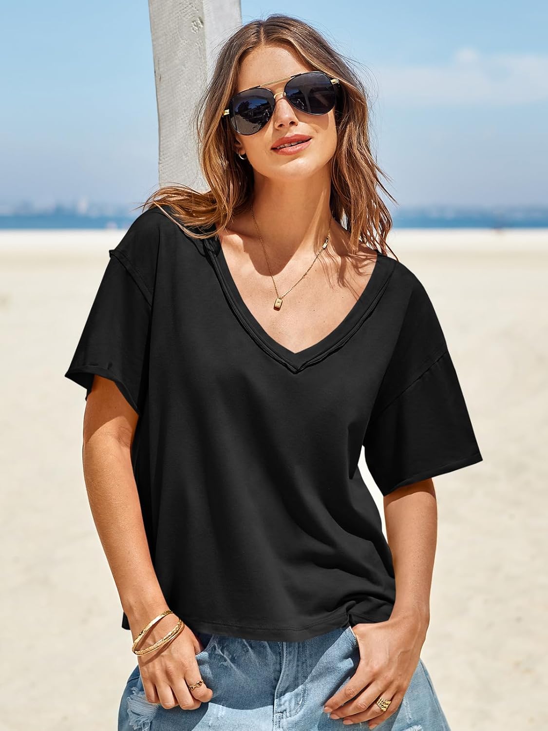Tankaneo Womens Oversized Tshirts Deep V Neck Short Sleeve Tops Summer Casual Loose Fit Tunic Tee Shirt - Image 5