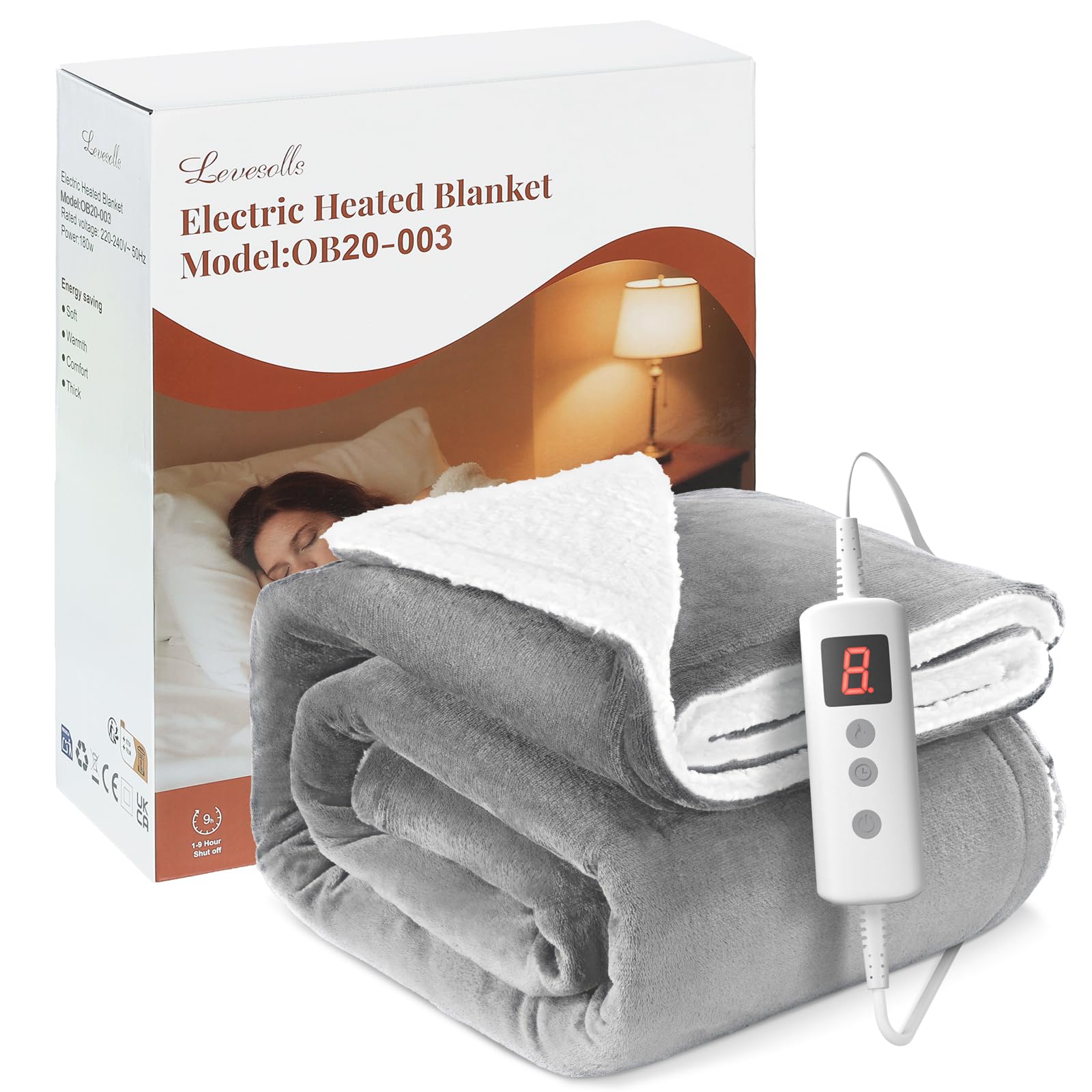 Coperta Termica Elettrica 200x180cm,Schermo LED-10 Livelli Temperatura,9 Impostazioni di Timer, Microfibra+Pile di Agnello,Lavabile,Riscaldamento Rapido,Spegnimento,Automatico-Grigio Chiaro