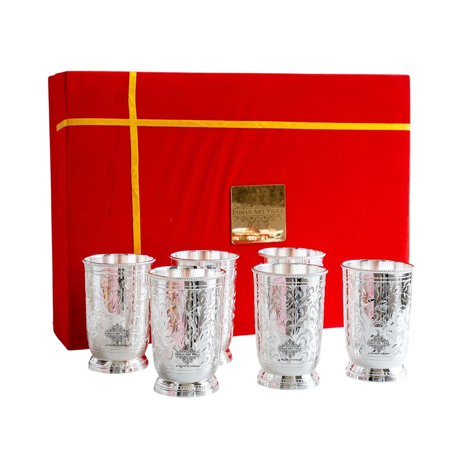 Indian Art Villa Set of 6 Silver Plated Designer Glass Goblet Tumbler Cup Drinkware Gifting Item Best for