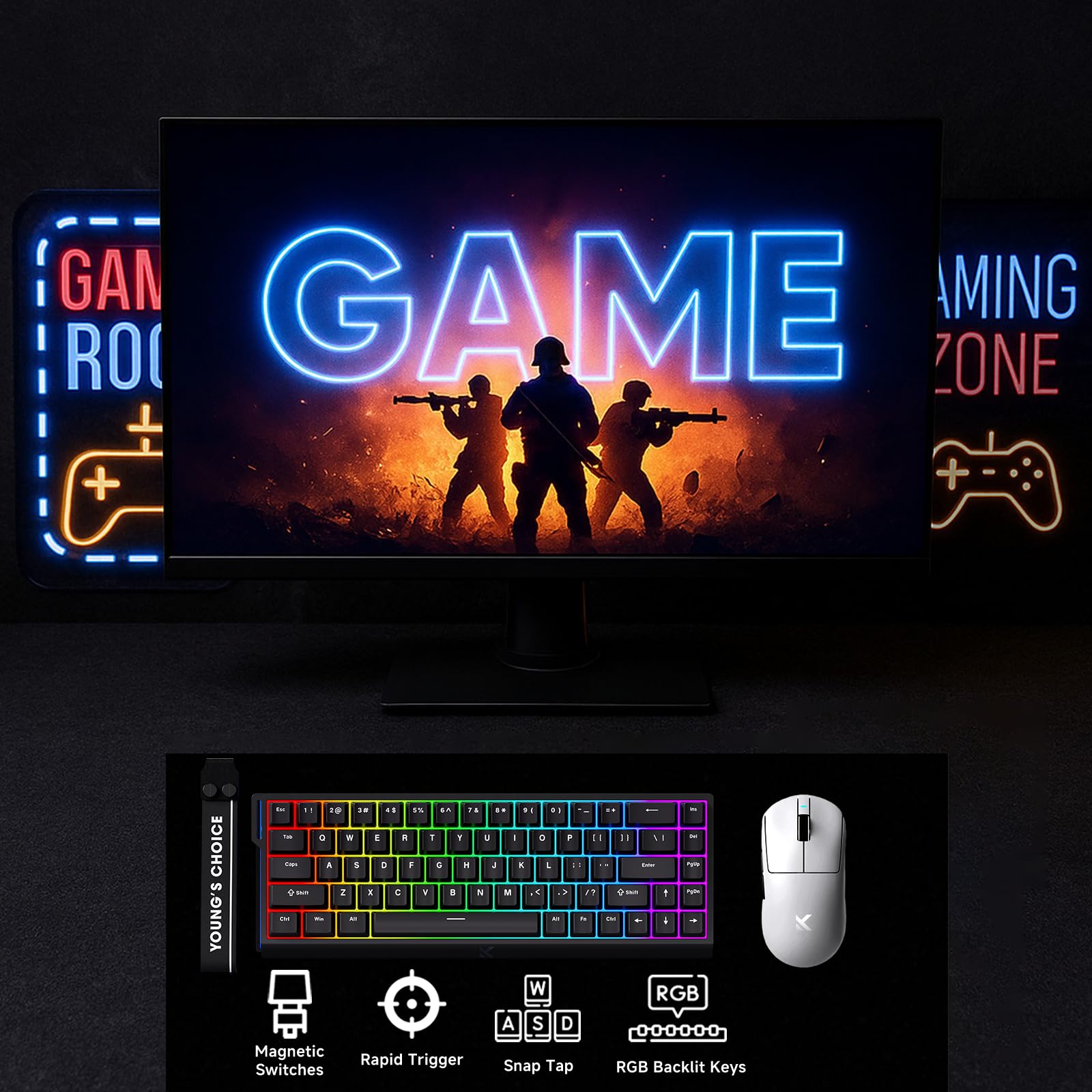 FOXMM x MCHOSE Ace68 HE Przewodowa Klawiatura do Gier 65% RGB, Szybkie Wyzwalanie 8000 Hz, ICE Magnetyczny Przełącznik Halla Niebieski, Precyzyjny Regulowany Skok 0,005 mm, do Gier FPS, Czarna