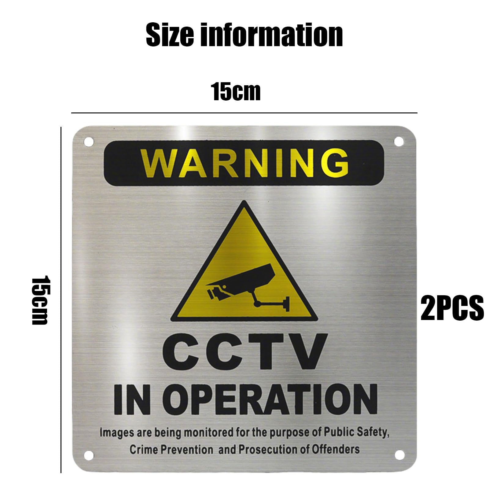 Pre-Drilled Aluminium CCTV Sign 15x15cm, 2 Pack Brushed Metal CCTV in Operation Sign - Image 2