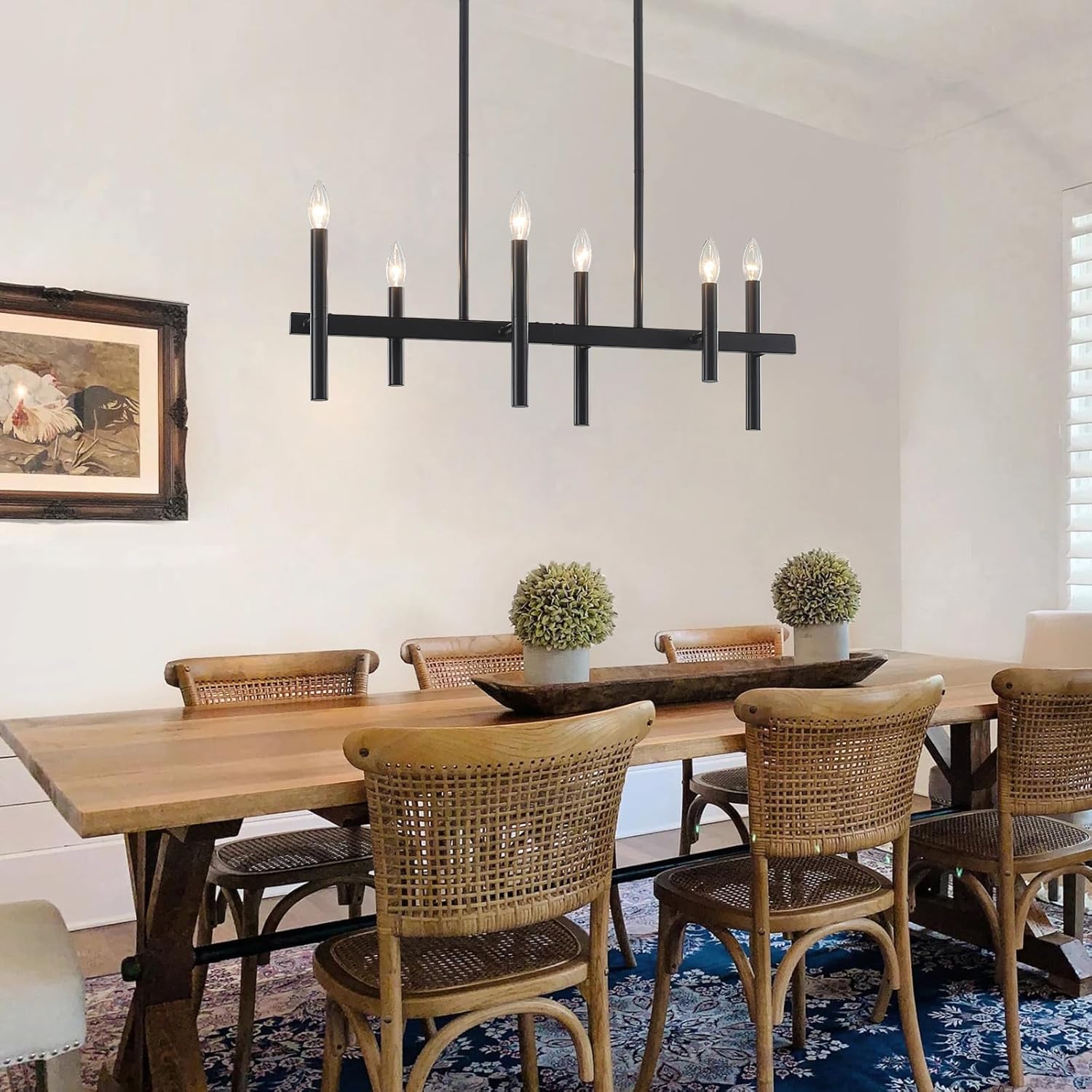 Kitchen Island Lighting 6 Lights 31.89" L Black Chandeliers for Dining Room Light Fixture Linear Chandeliers Over Table Rectangle Farmhouse Pendant Lighting Fixtures Hanging for Living Room Entryway