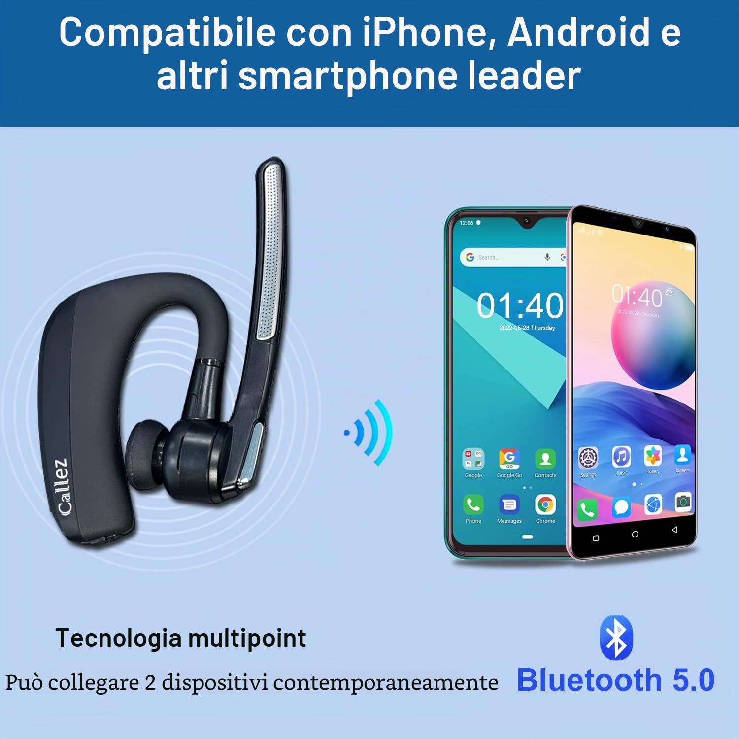 Auricolare Bluetooth con Doppio Microfono CVC8.0 Cancellazione del Rumore, Auricolari Bluetooth Singolo V5.0 Cuffie Wireless Compatibile con iPhone Samsung Cellulare Guida Lavoro Ufficio Super Leggero