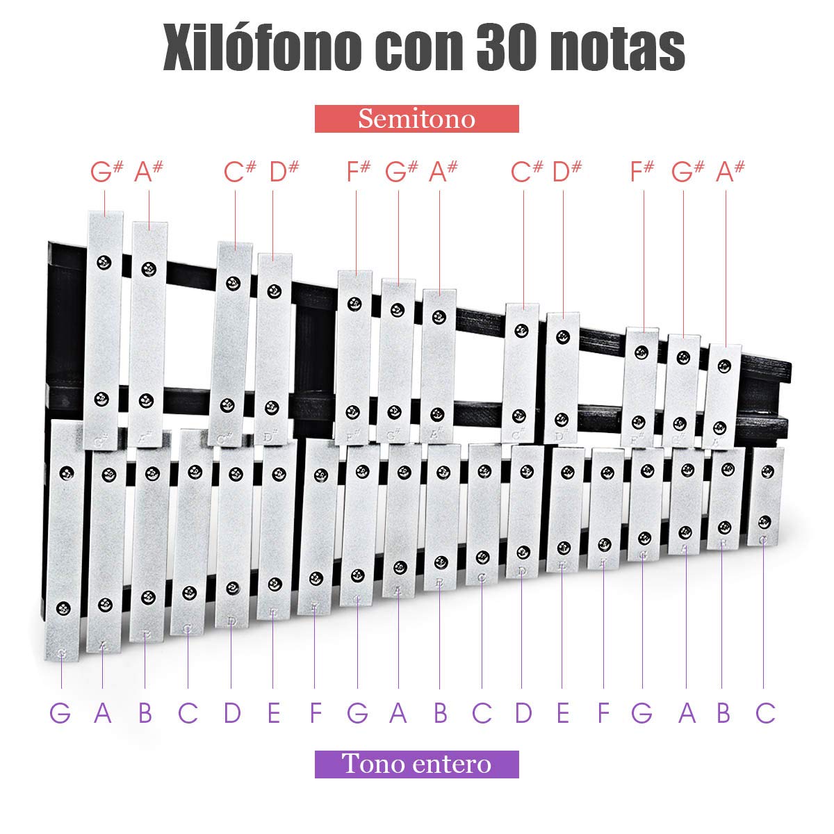 COSTWAY Glockenspiel Xilófono con 30 Notas, Instrumento de Percusión de Madera, Percusión de Mano Plegable con 2 Mazos Estuche, y Bolsa de Transporte Ideal para Niños y Adultos, Blanco y Negro